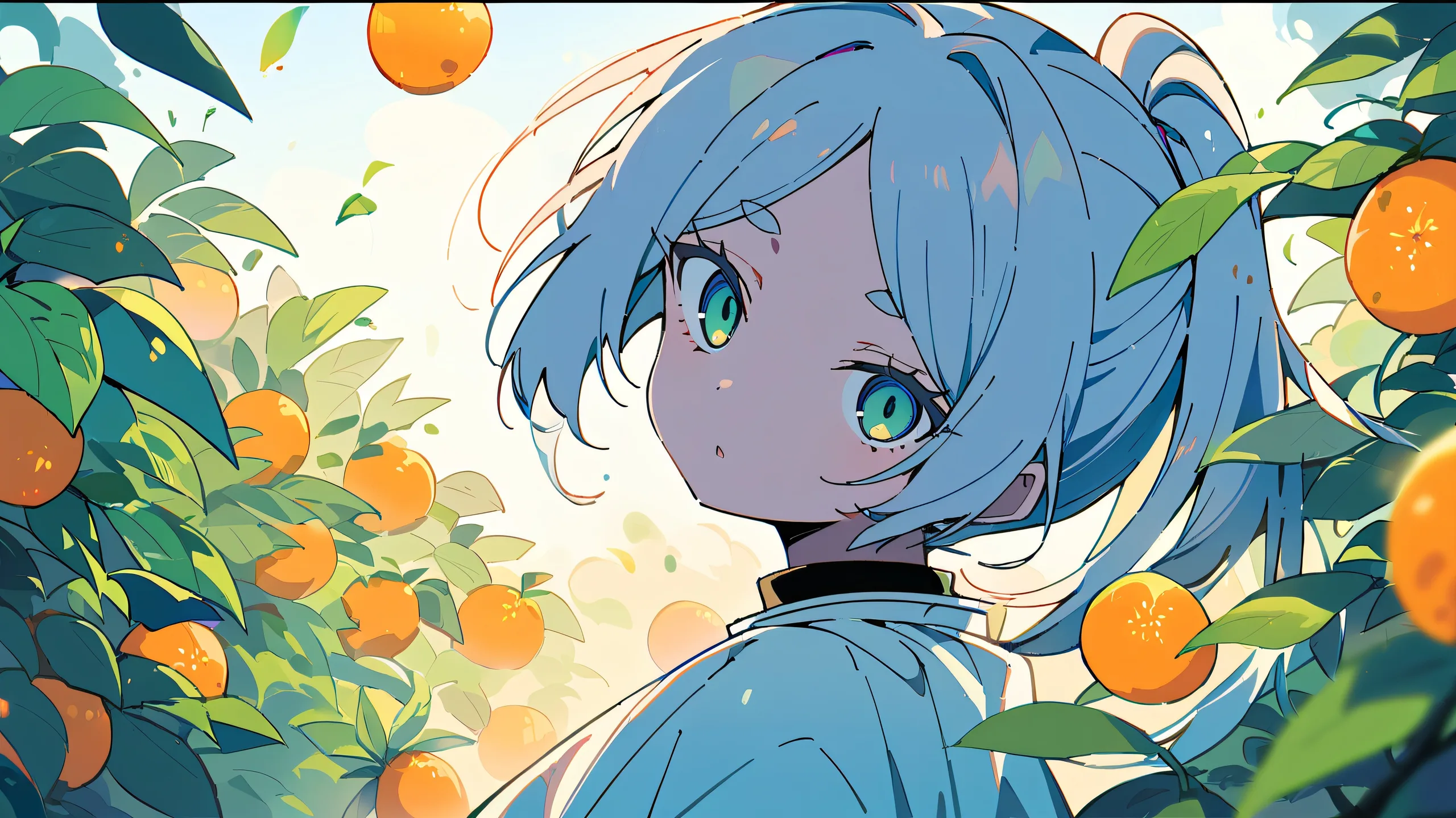 A lone girl gazing at the viewer against a bright and airy, perfectly clean vast pure void backdrop with extreme depth of field, featuring blues, greens, and oranges hues.