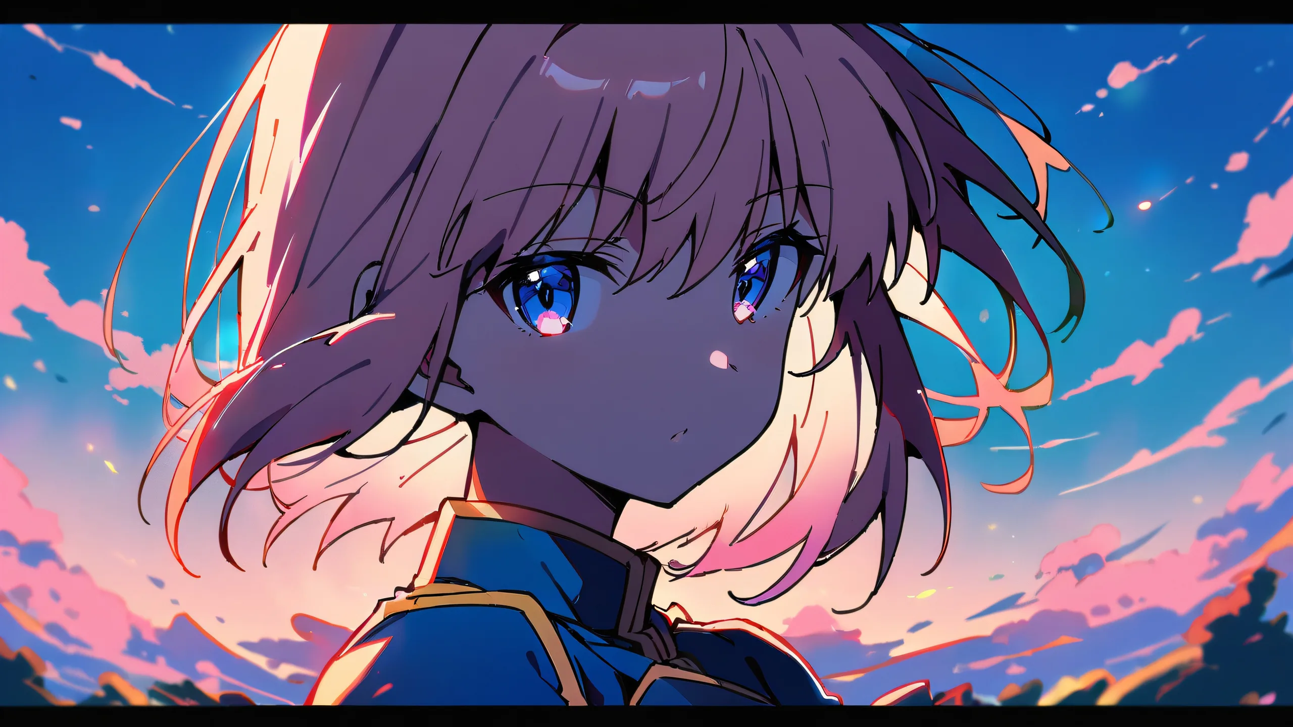 A serene girl with a saber stands alone on a perfectly clean vast pure void against a beautiful sky at sunset, ideal for desktop/pc use.