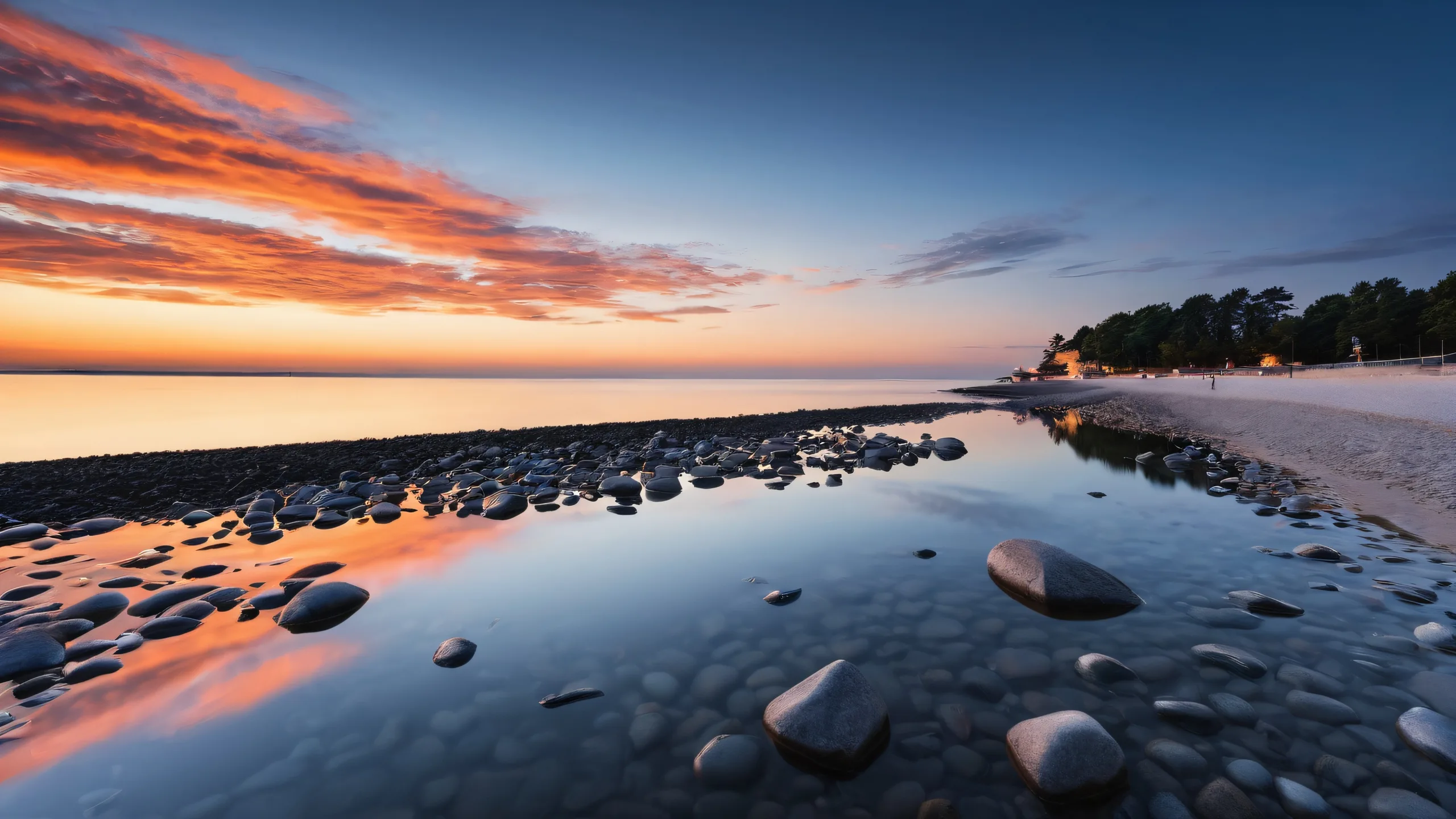 Breathtaking coastal reflection desktop for PC or Desktop with deep black and warm golden tones.