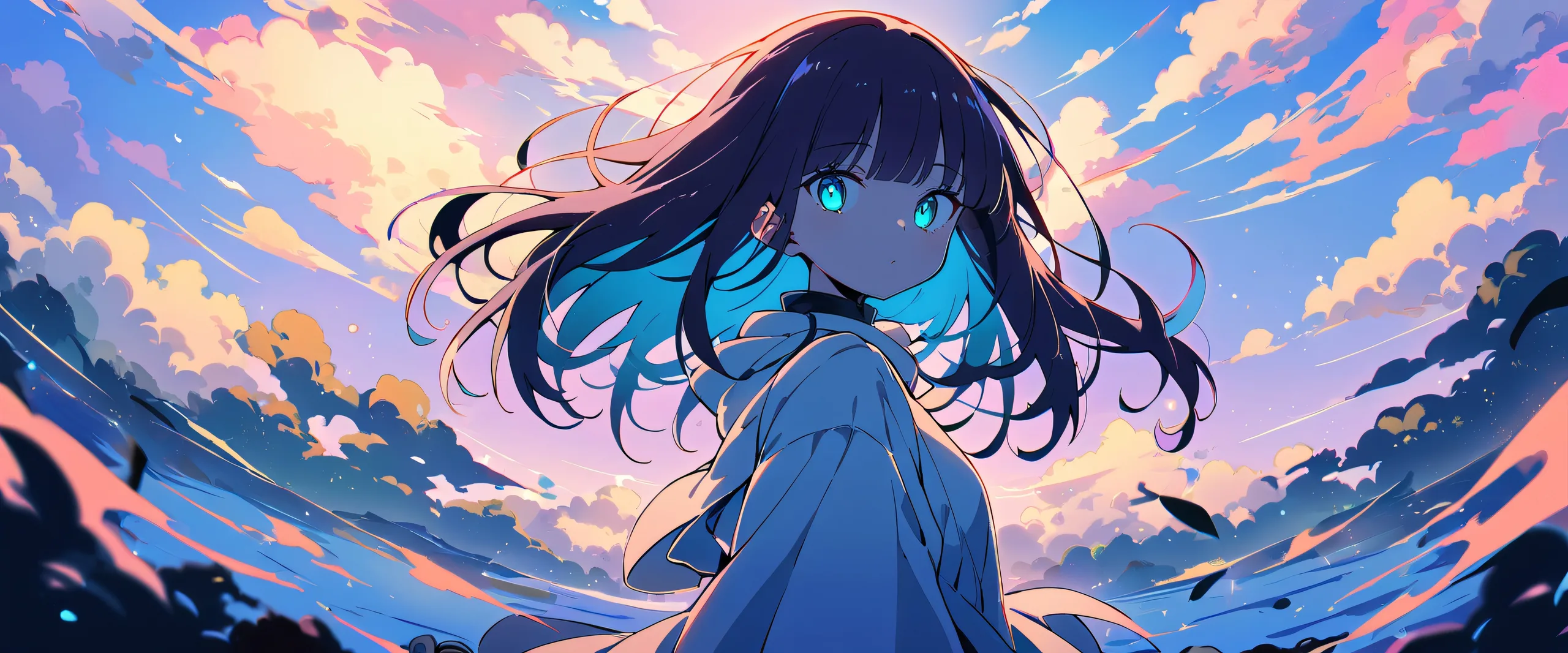 A young woman gazes out at the viewer from amidst a lush fern forest on a perfectly clean vast pure void, with a bright and airy blue sky in the background, set against an extreme depth of field, for desktop/pc.