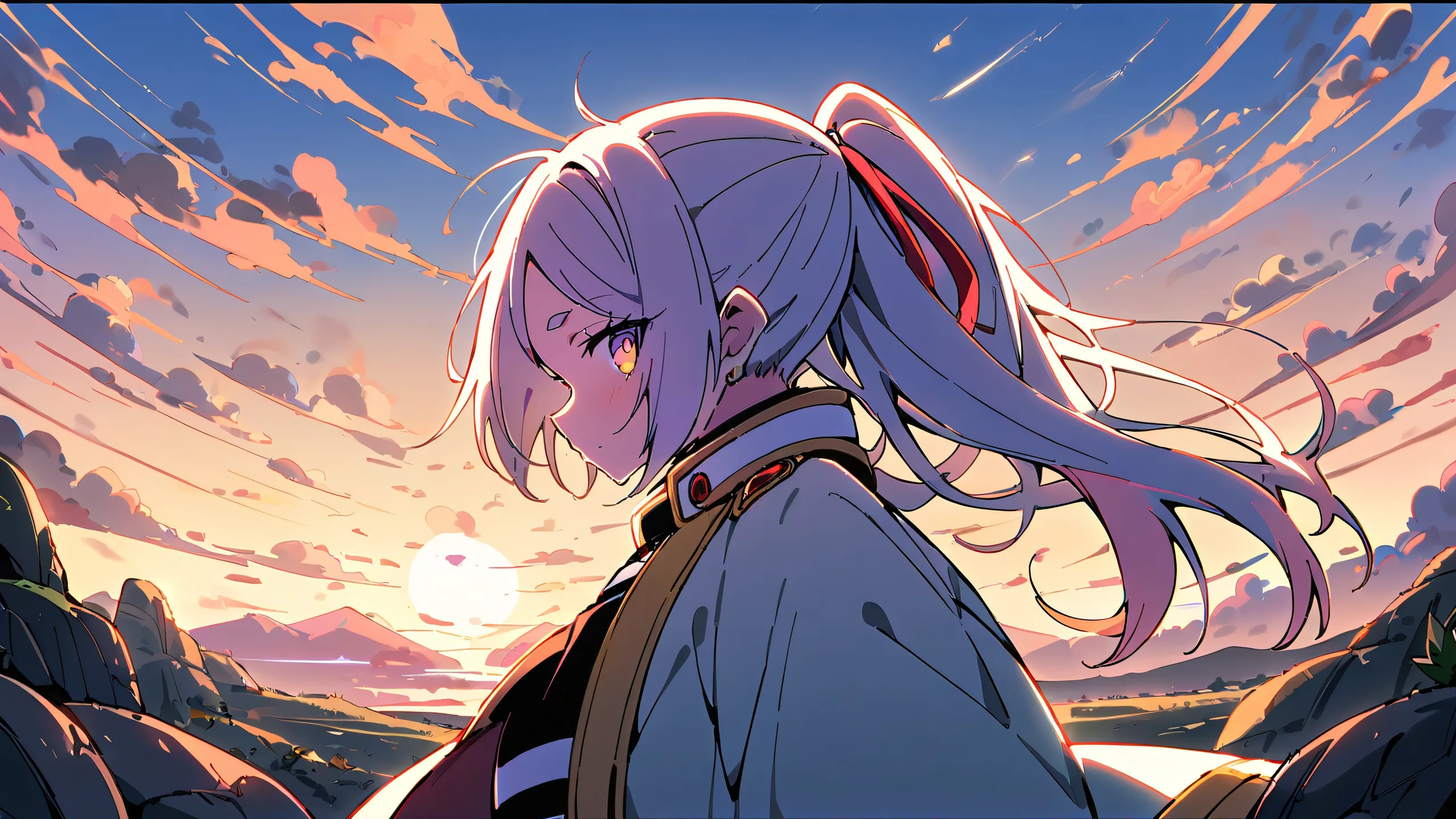 4K Sousou's Solitary Vistas Desktop Background A young girl stands alone in a vast, pure void with a barren land in the background, looking directly at the viewer.