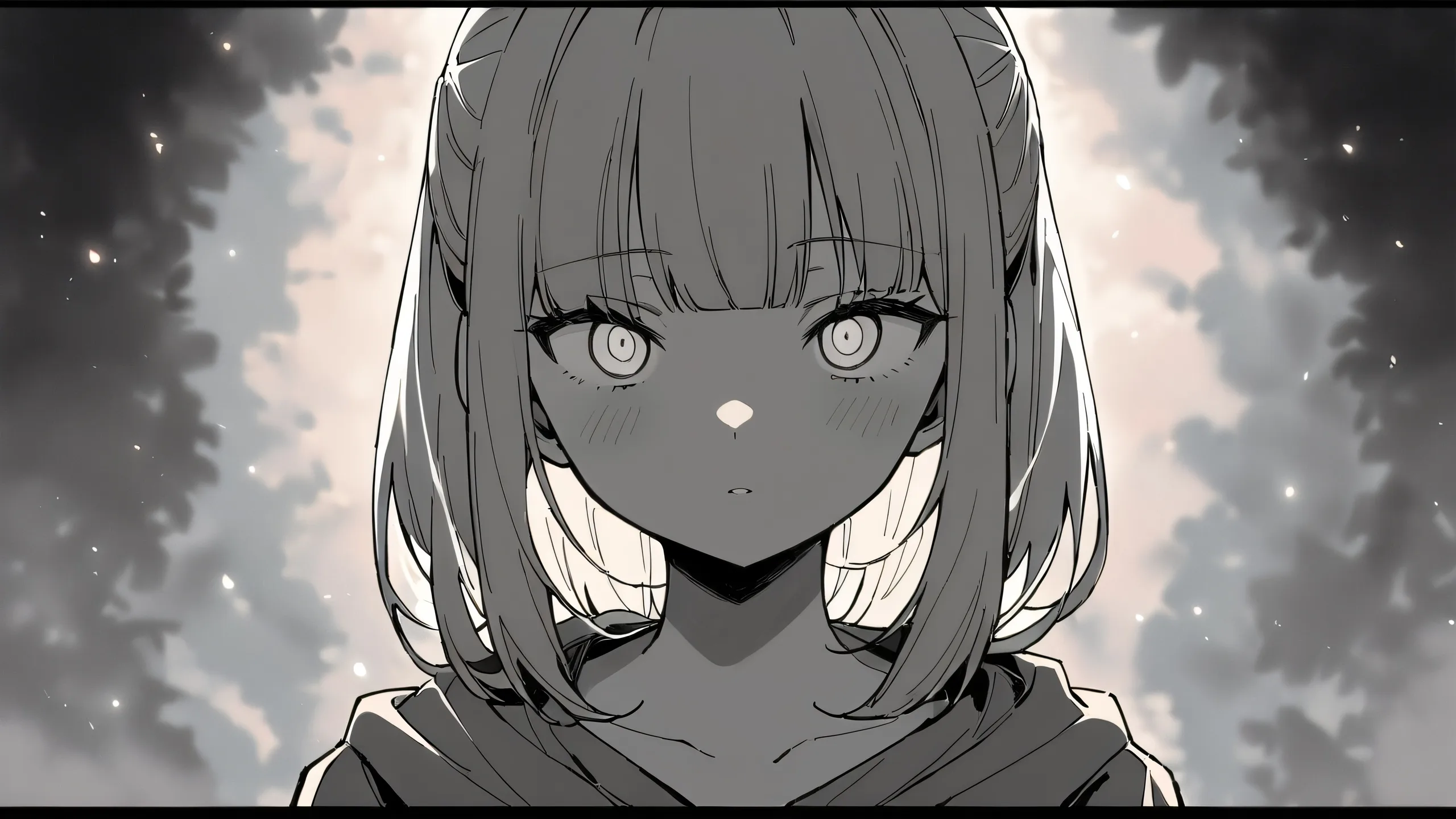 A serene anime-inspired desktop scene featuring a girl looking directly at the viewer against a vast, pure void background with an extreme depth of field, perfectly clean and bright with an ethereal lighting.