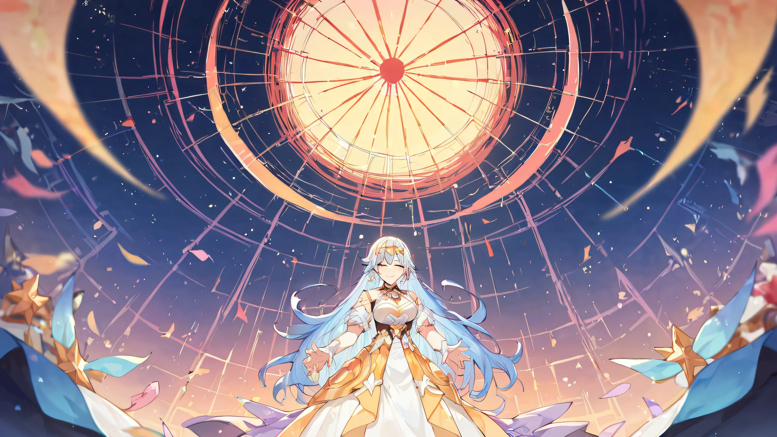 A beautifully illustrated anime scene of Sparxie from Honkai: Star Rail, set against a stunning pastel pink and soft whites background, ideal for a desktop/PC.