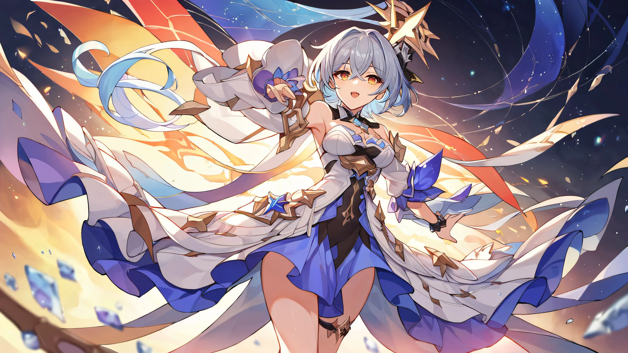 Anime girl Sparxie in a perfectly clean vast pure void with extreme depth of field and radiant colors, ideal for desktop/pc backgrounds.