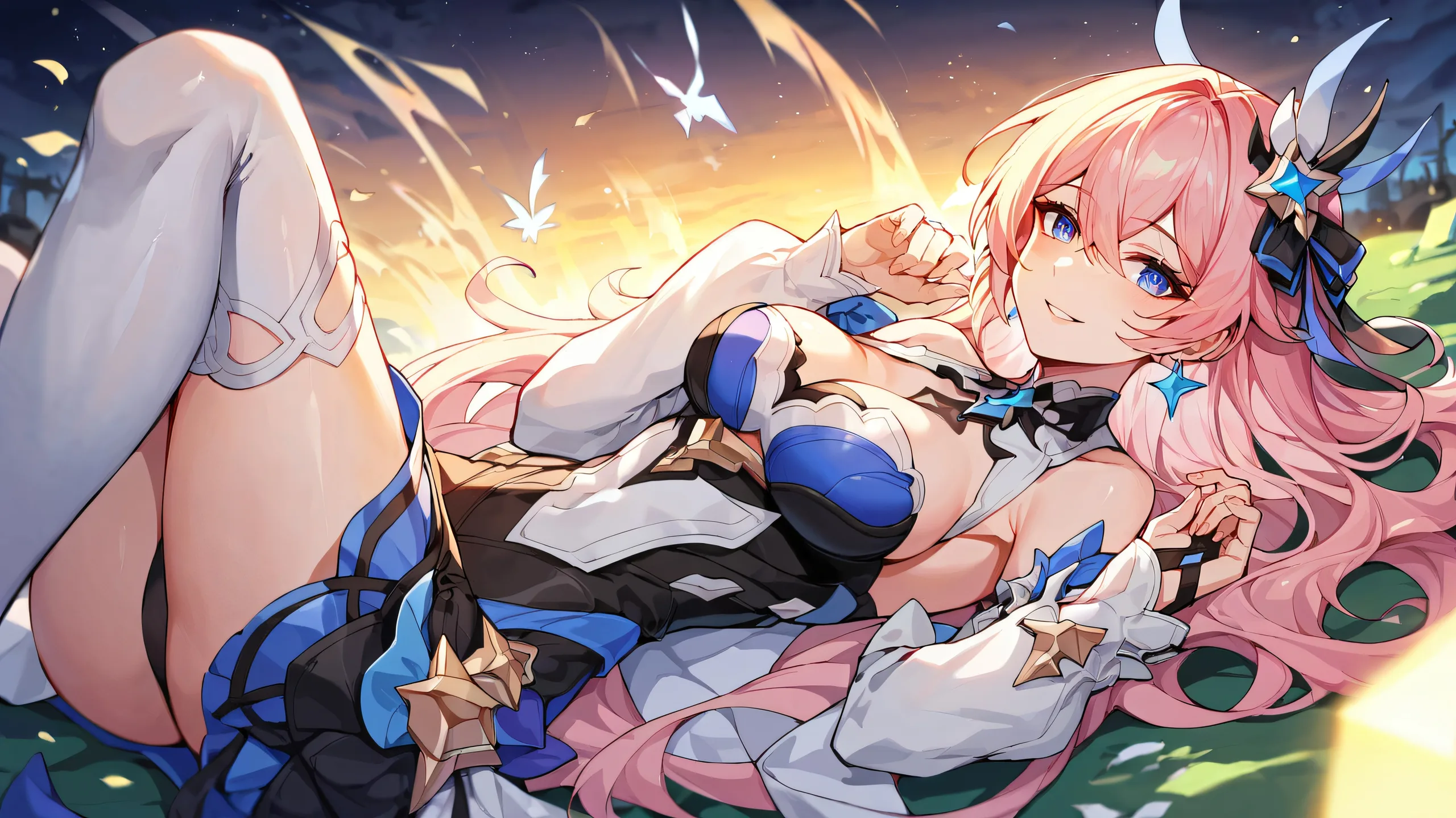 A stunning anime illustration of Sparxie lying down with a smile and parted lips against a perfectly clean, vast, pure void on a Desktop/PC.