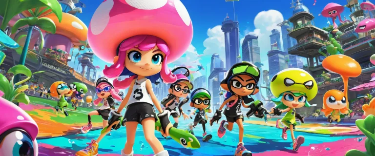 Desktop/PC wallpaper featuring Marina and friends from Splatoon series in a vibrant, award-winning digital art scene with perfect depth of field and ray-traced reflections.