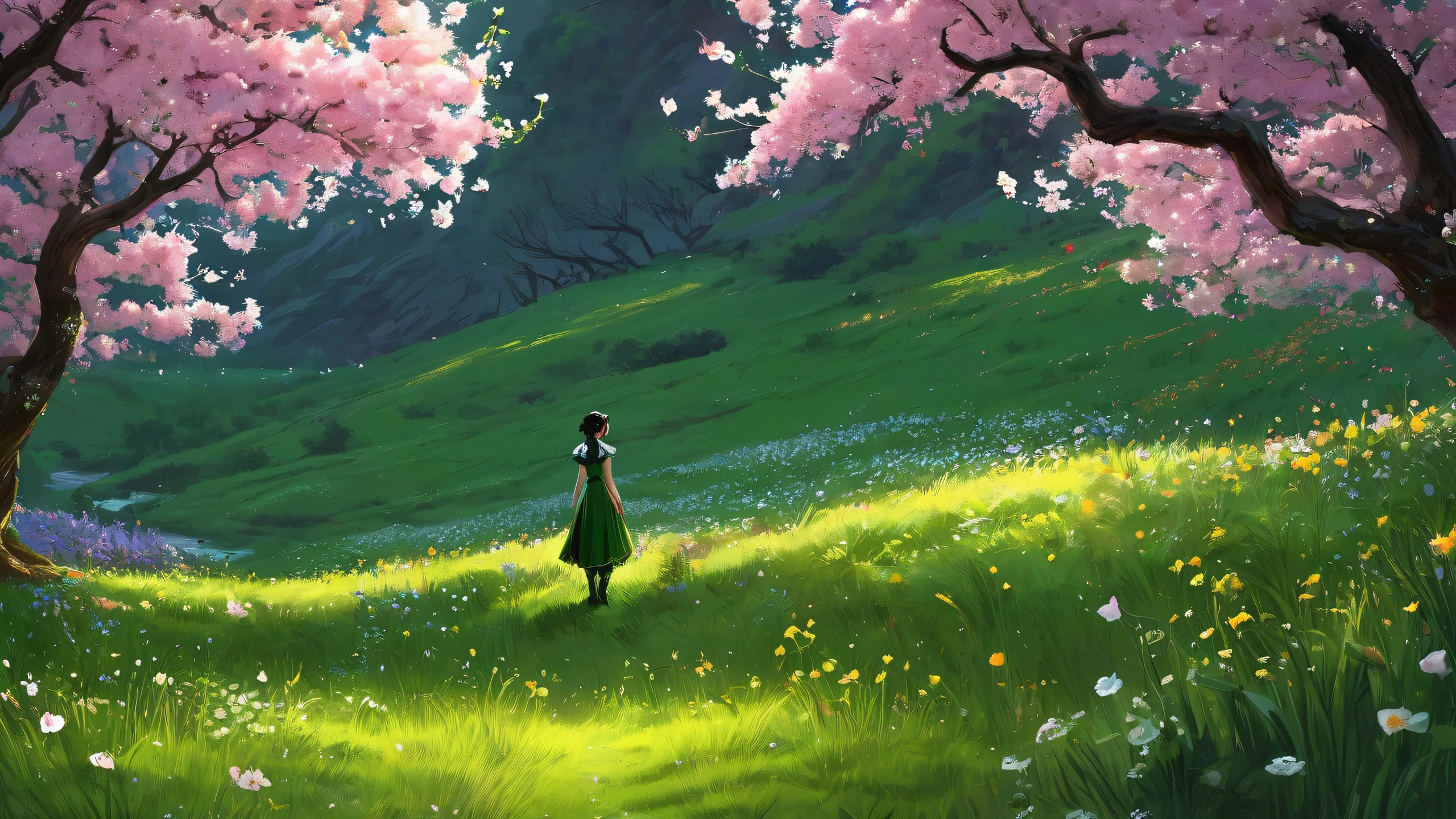 Ultra HD Spring Meadow Serenity Wallpaper A serene spring meadow desktop background featuring a dragon and elf girl in a breathtaking landscape with perfect composition, deep blacks, and luminescent accents for a peaceful desktop experience on your PC or Desktop.