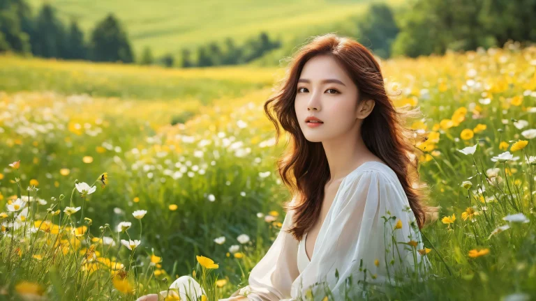 A serene desktop image of a spring meadow on a vast, pure void background, suitable for use as a desktop wallpaper on a Desktop/PC.