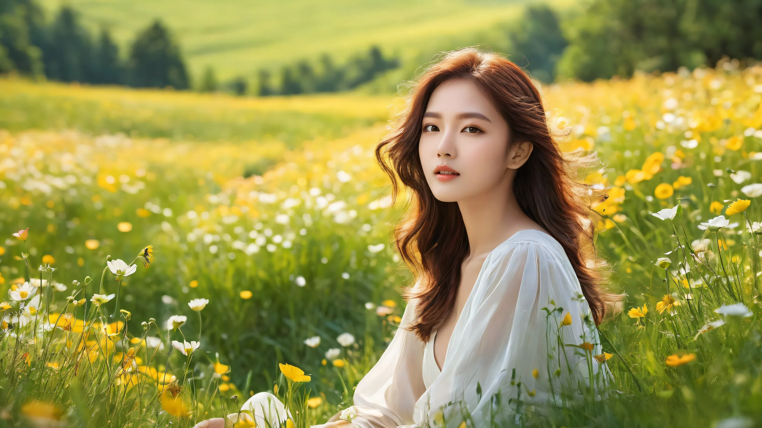 A serene desktop image of a spring meadow on a vast, pure void background, suitable for use as a desktop wallpaper on a Desktop/PC.