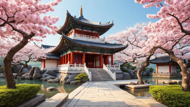 A stunning desktop wallpaper featuring East Asian Architecture, surrounded by fresh blooming nature, perfectly clean and pure void, with ethereal lighting and radiant colors.