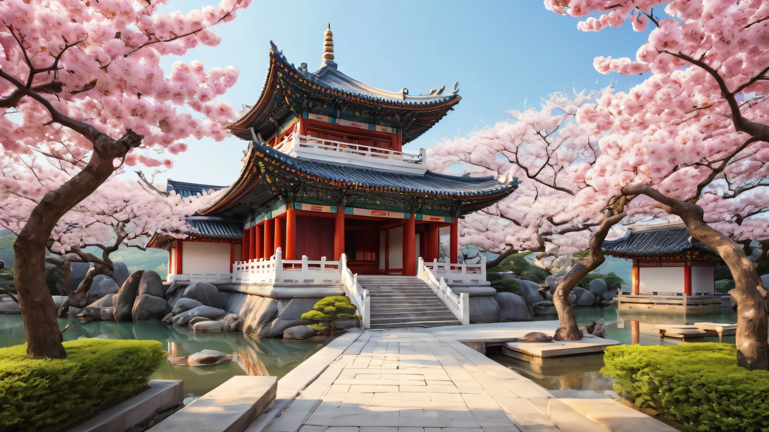 A stunning desktop wallpaper featuring East Asian Architecture, surrounded by fresh blooming nature, perfectly clean and pure void, with ethereal lighting and radiant colors.