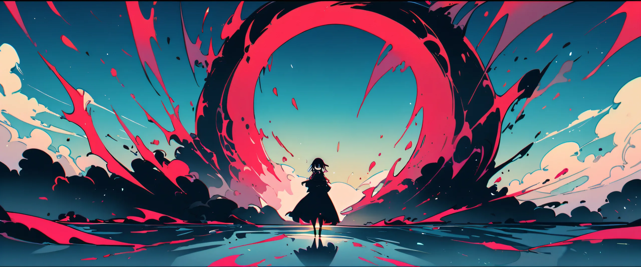 A serene anime landscape for desktops and PCs, featuring a solo girl looking at the viewer from the edge of a vast, perfectly clean pure void with an extreme depth of field.
