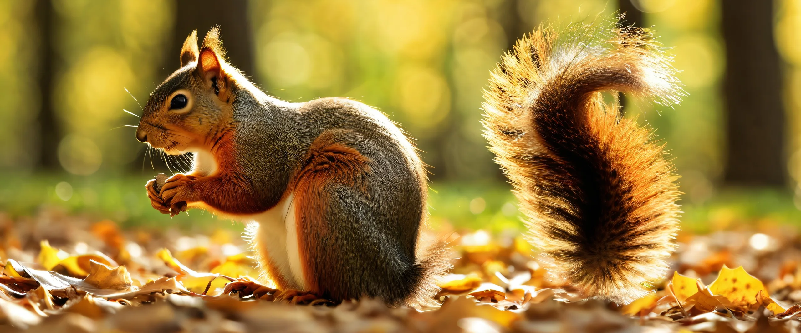 A vibrant squirrel perched on a branch against a bright, sunlit background. Ideal for desktop/PC use.