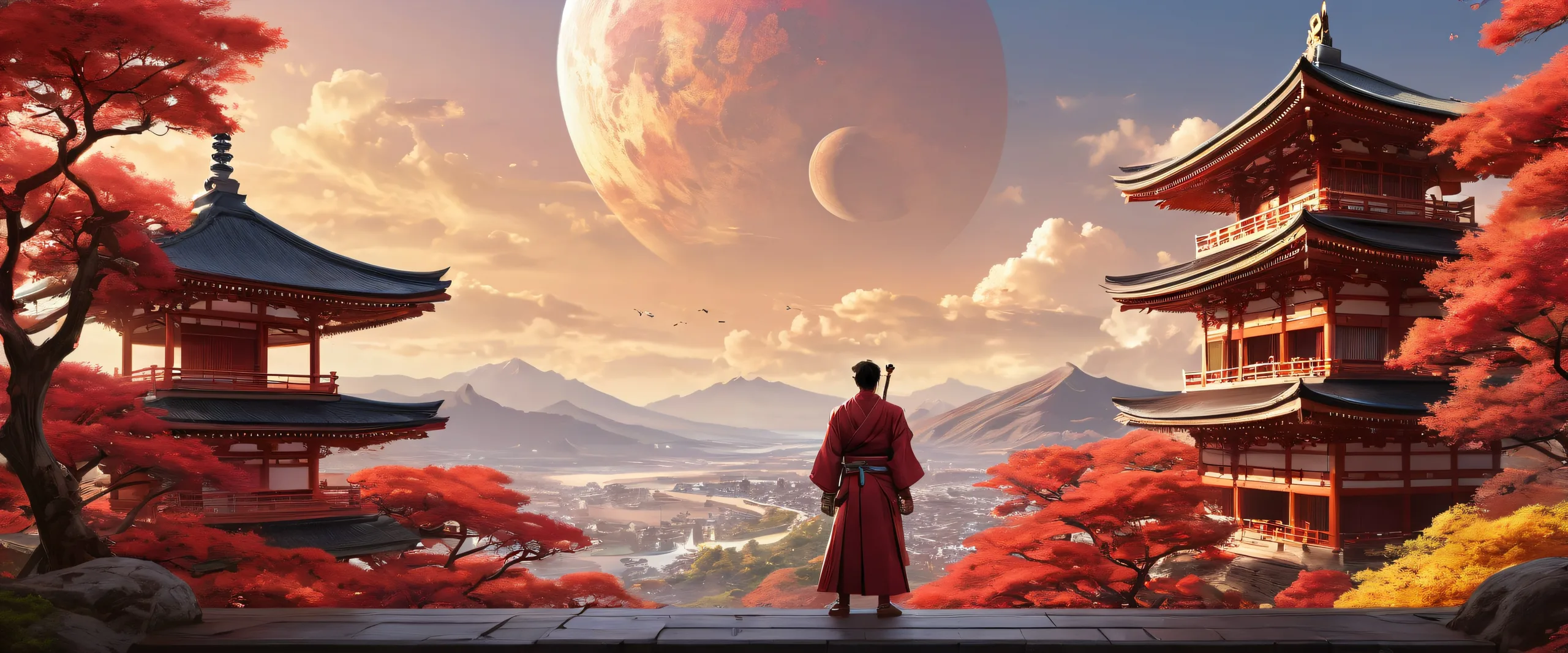 Standing video game men in a pure void with Japanese architecture in the distance, ideal for desktop/pc users.