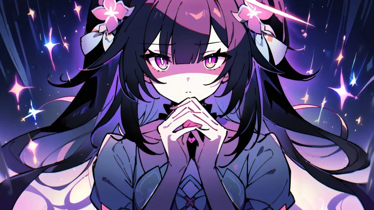 Girl looking at viewer in a perfectly clean vast pure void against a backdrop of night scene with glowing lights and dramatic shadows, suitable for desktop/pc