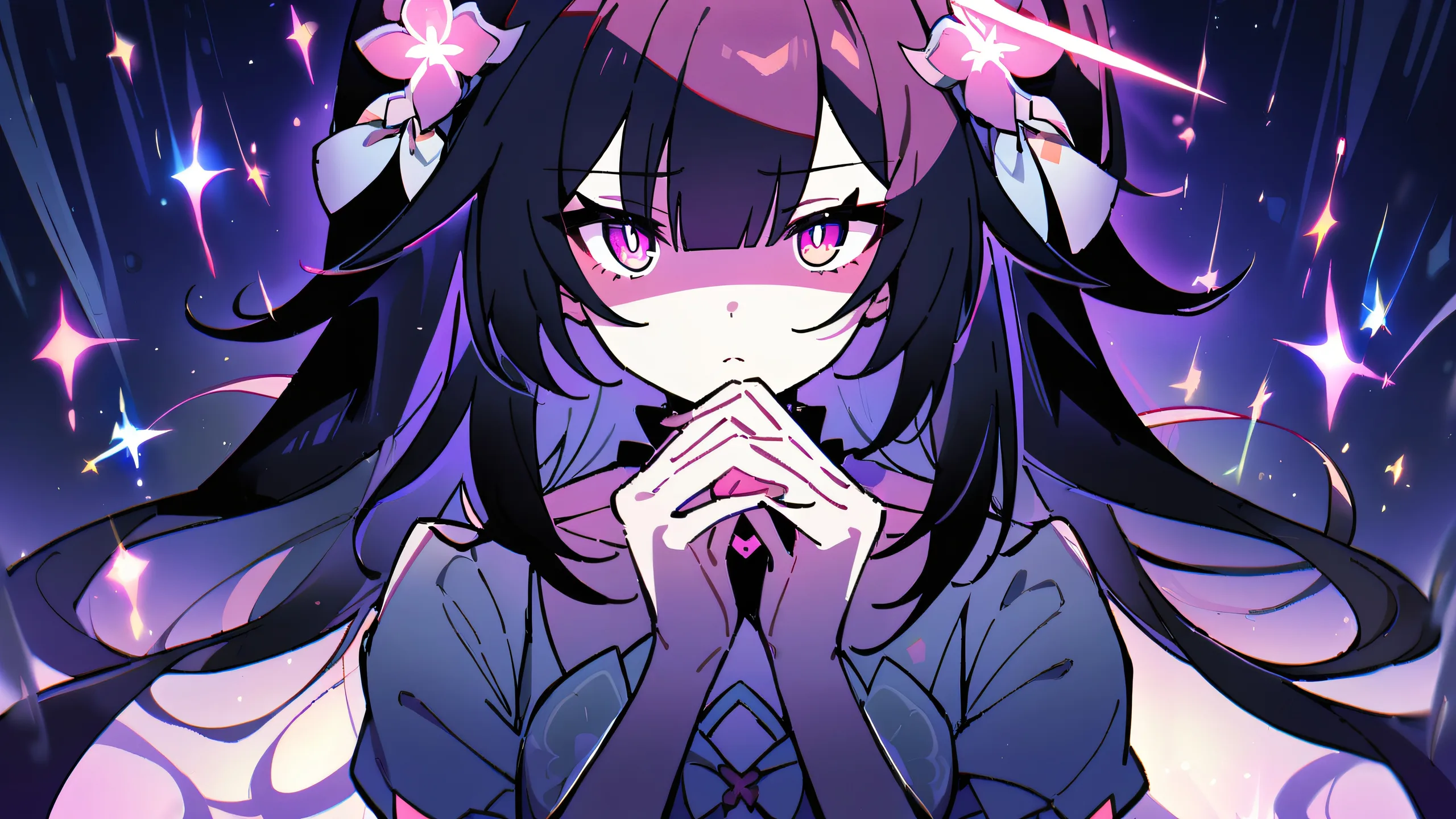 Girl looking at viewer in a perfectly clean vast pure void against a backdrop of night scene with glowing lights and dramatic shadows, suitable for desktop/pc