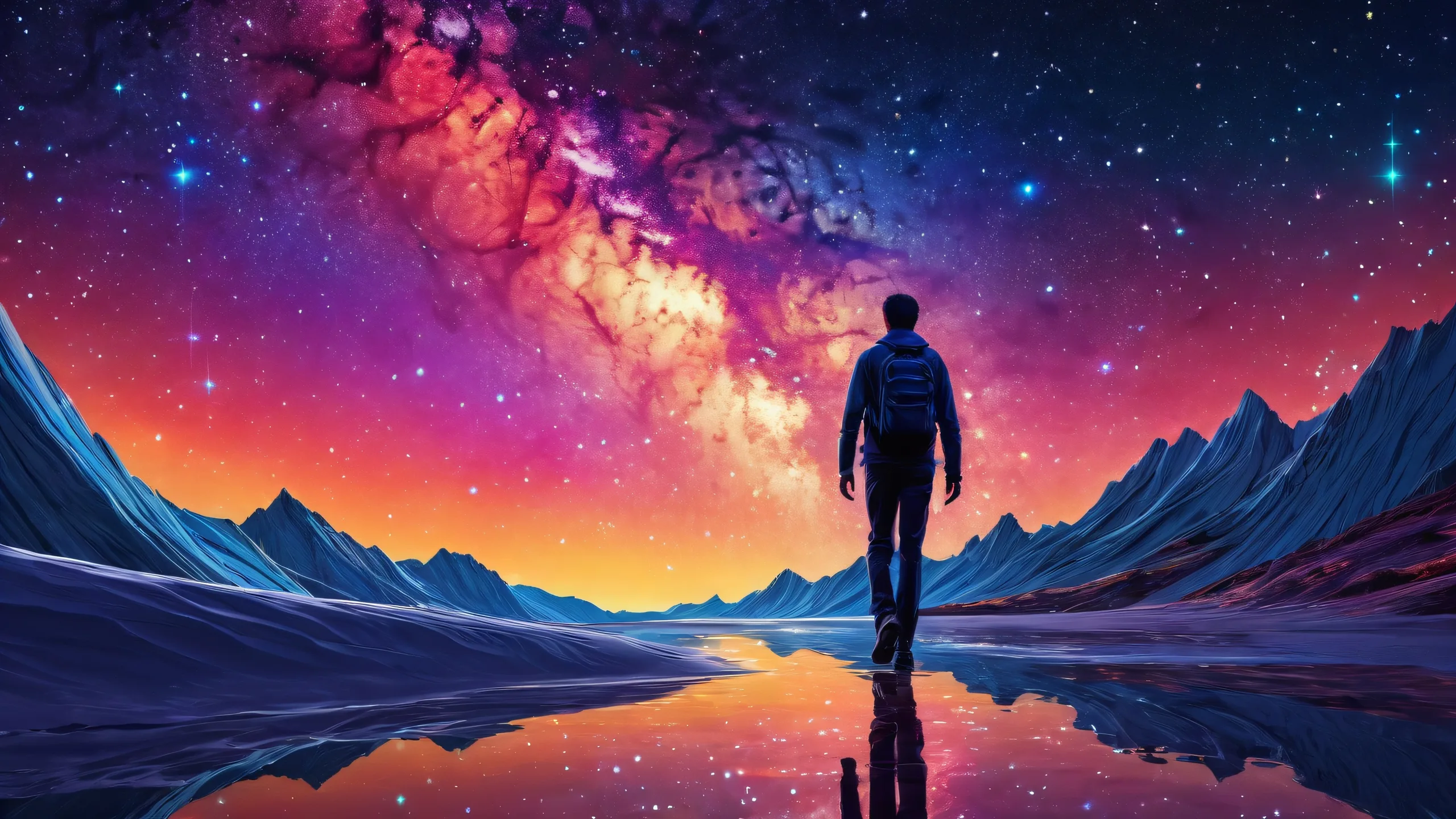 A majestic Walking Figure stands at the edge of a vast, pure void with an extreme depth of field, against a spiraling starry sky bokeh at night, for Desktop/PC