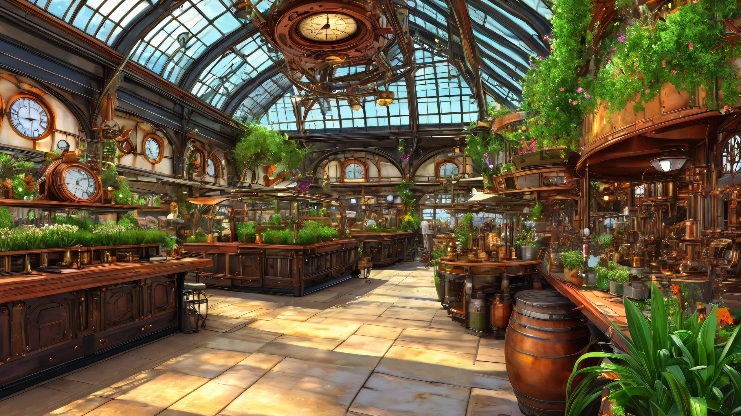 Desktop/PC wallpaper featuring a breathtaking Steampunk market scene with vibrant green foliage and radiant reflections on the vernal equinox.