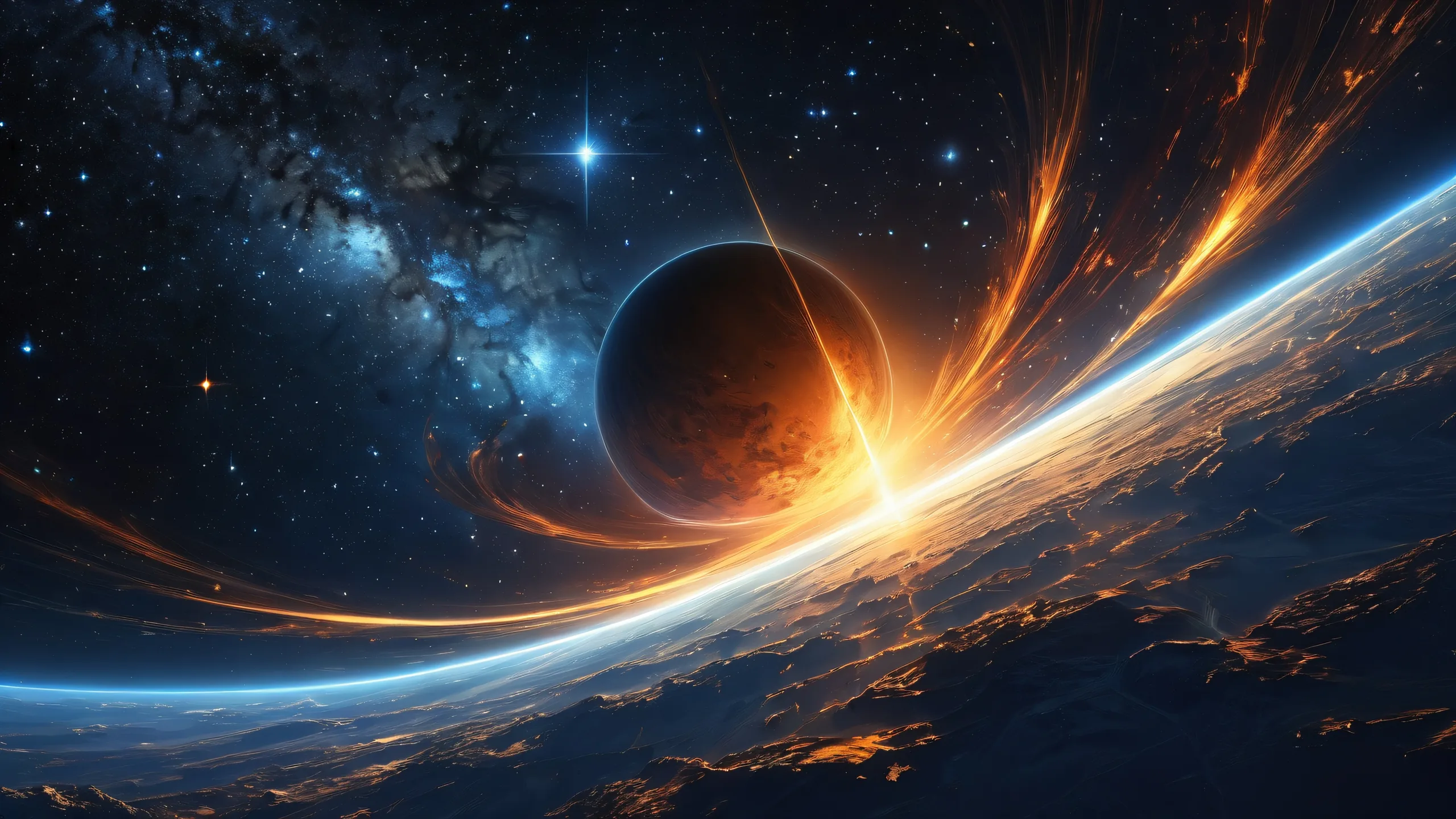 Ethereal desktop scene featuring a star in the distance against a dark blue void, perfect for PCs and Macs.