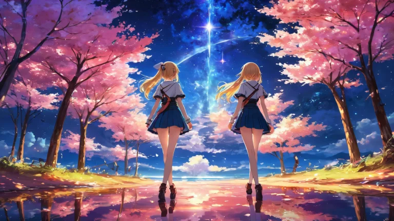 Two standing anime girls amidst a starry night sky on a desktop or PC, for screen readers.
