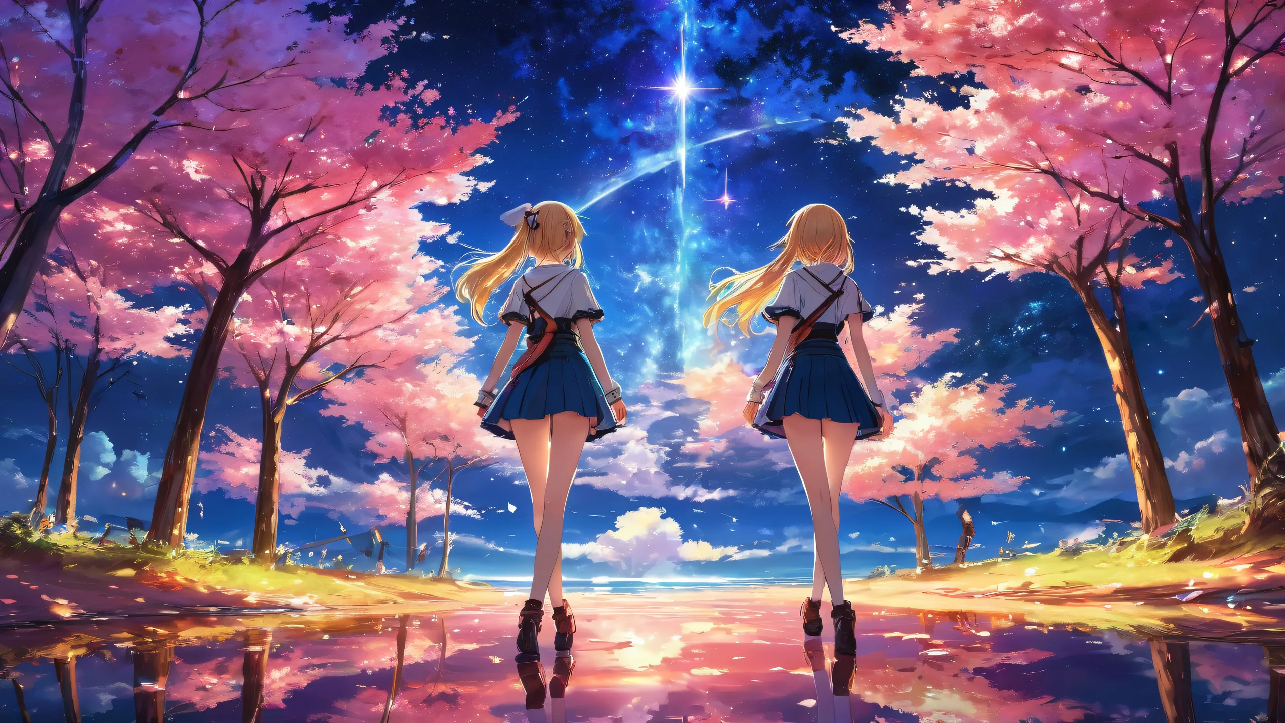Two standing anime girls amidst a starry night sky on a desktop or PC, for screen readers.