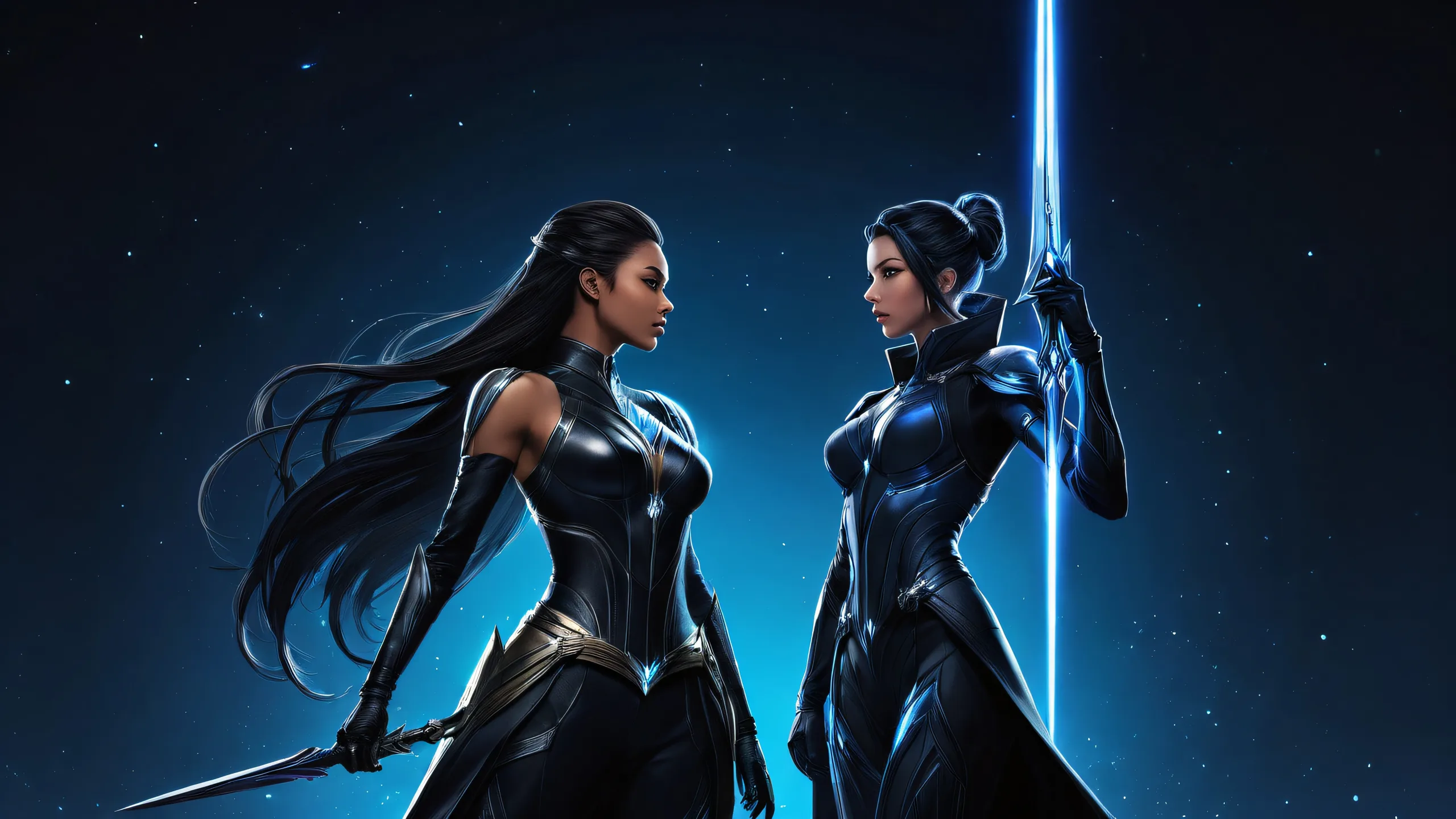 Stellar Blade and Eve video game characters standing in a hush gesture on a desktop/PC, surrounded by a vast pure void with sleek dark mode aesthetic.