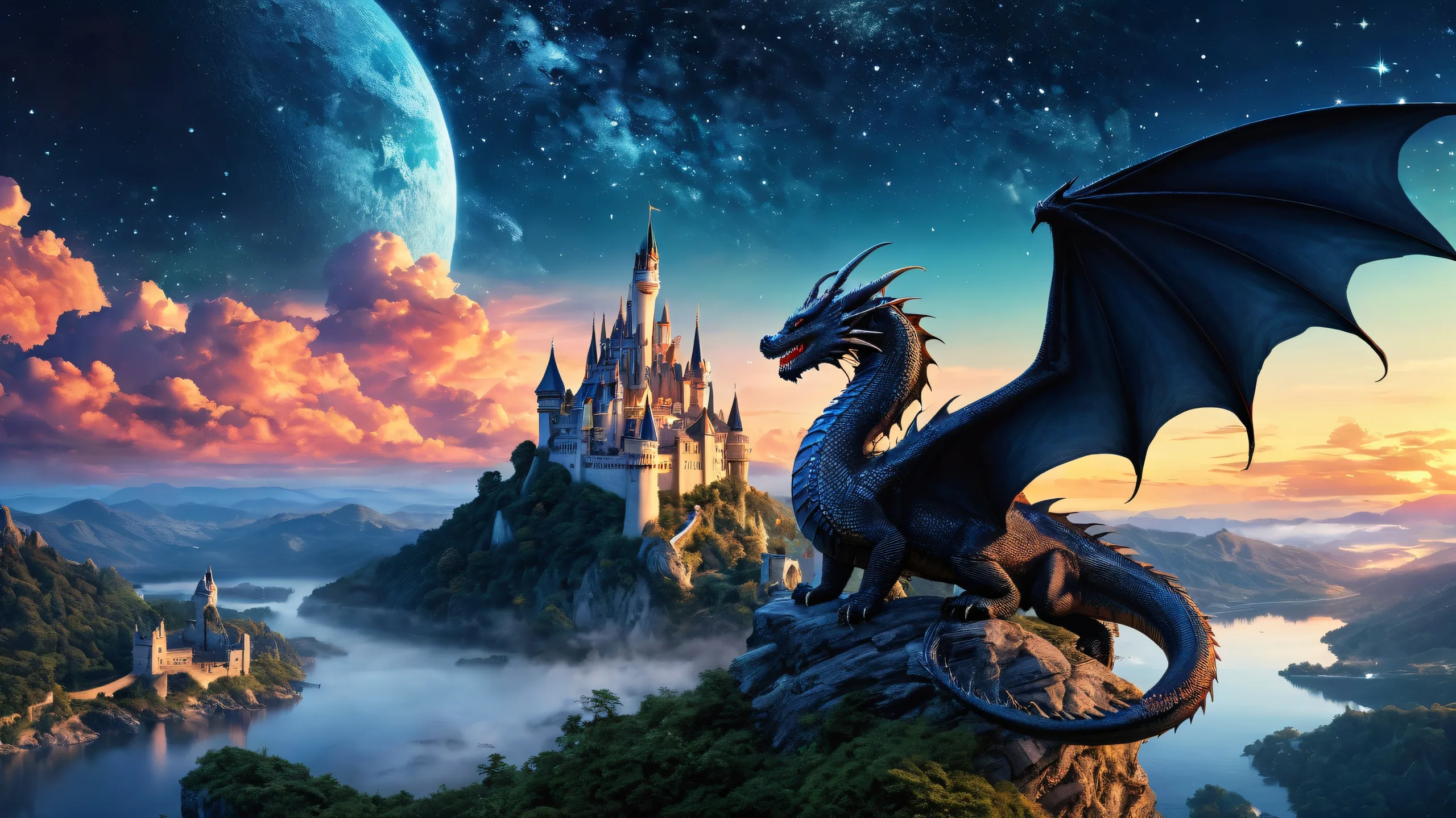 Desktop/PC wallpaper featuring a dragon in a starry night sky with clouds and misty castle in the distance.