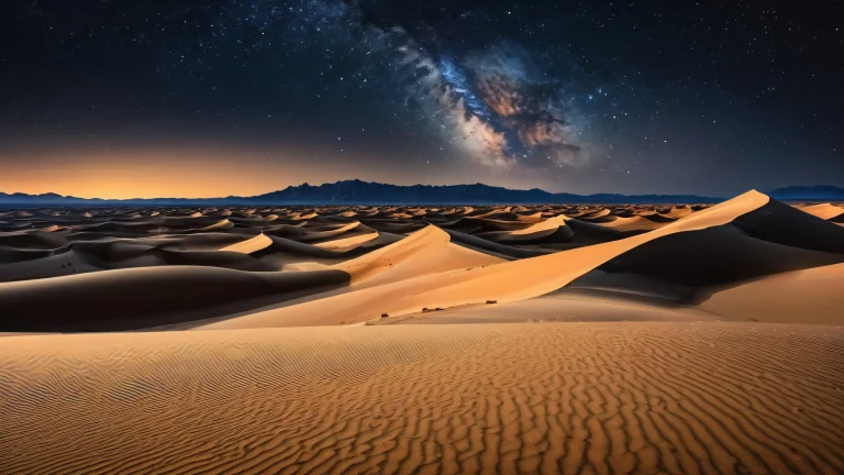 Torch-lit sand dunes against a starry night sky on a desktop/PC background with deep blacks and luminescent accents.