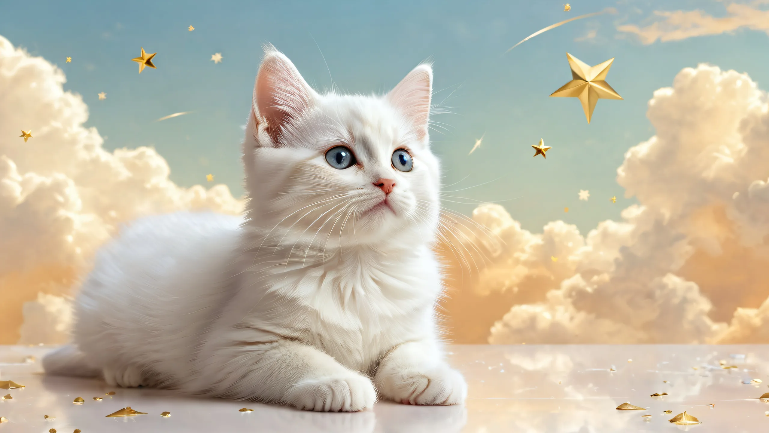 A beautiful desktop wallpaper of a kitten against a vast pure void with fluffy clouds and gold dusted shooting stars. Desktop/PC.