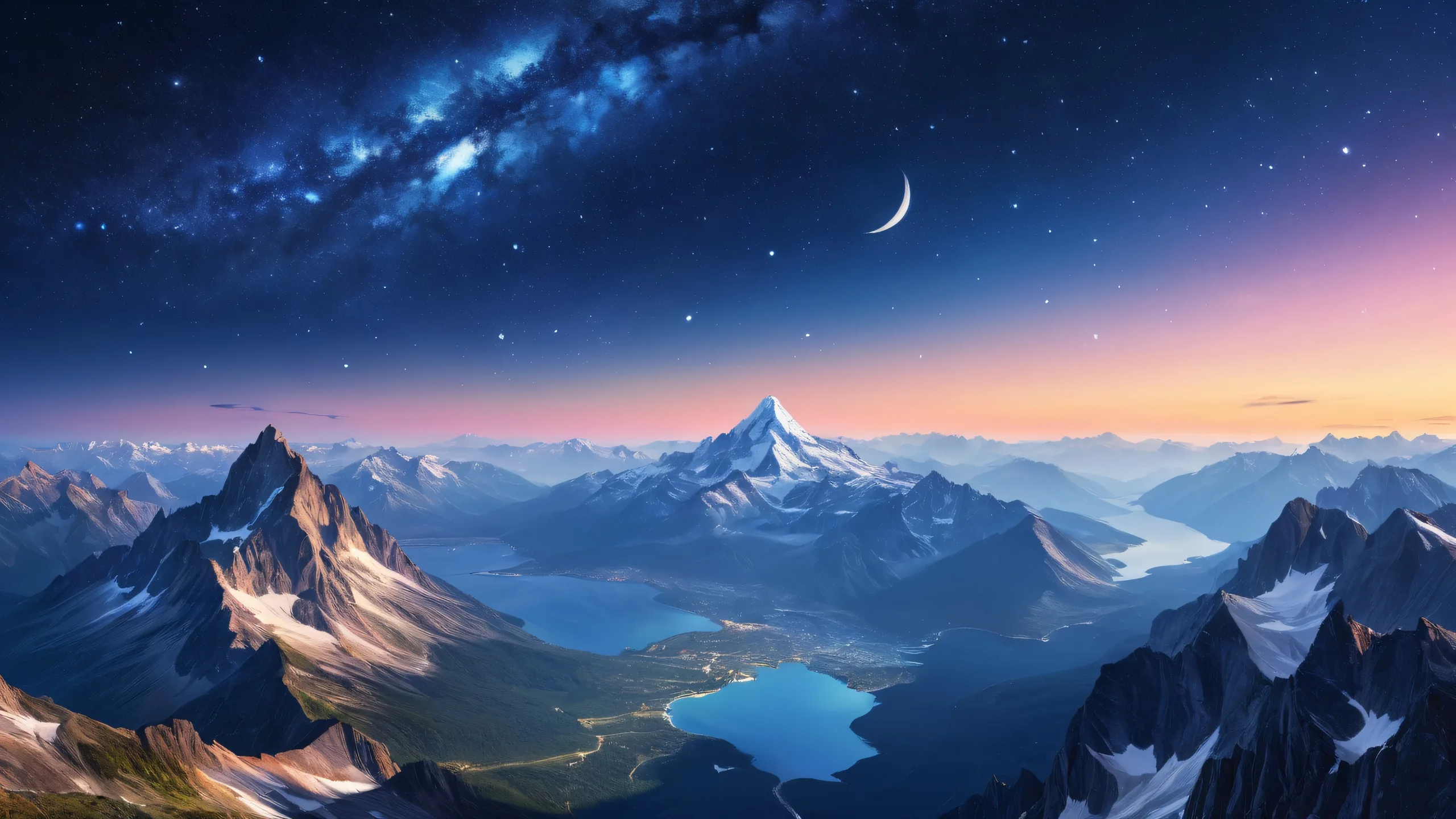 Stellar Horizon Majesty Aesthetic PC Wallpaperparfait pour votre ordinateur de bureau/PC A stunning aerial desktop wallpaper featuring a starry night sky with majestic mountains in the distance on a pristine pure void background, perfect for your Desktop/PC.