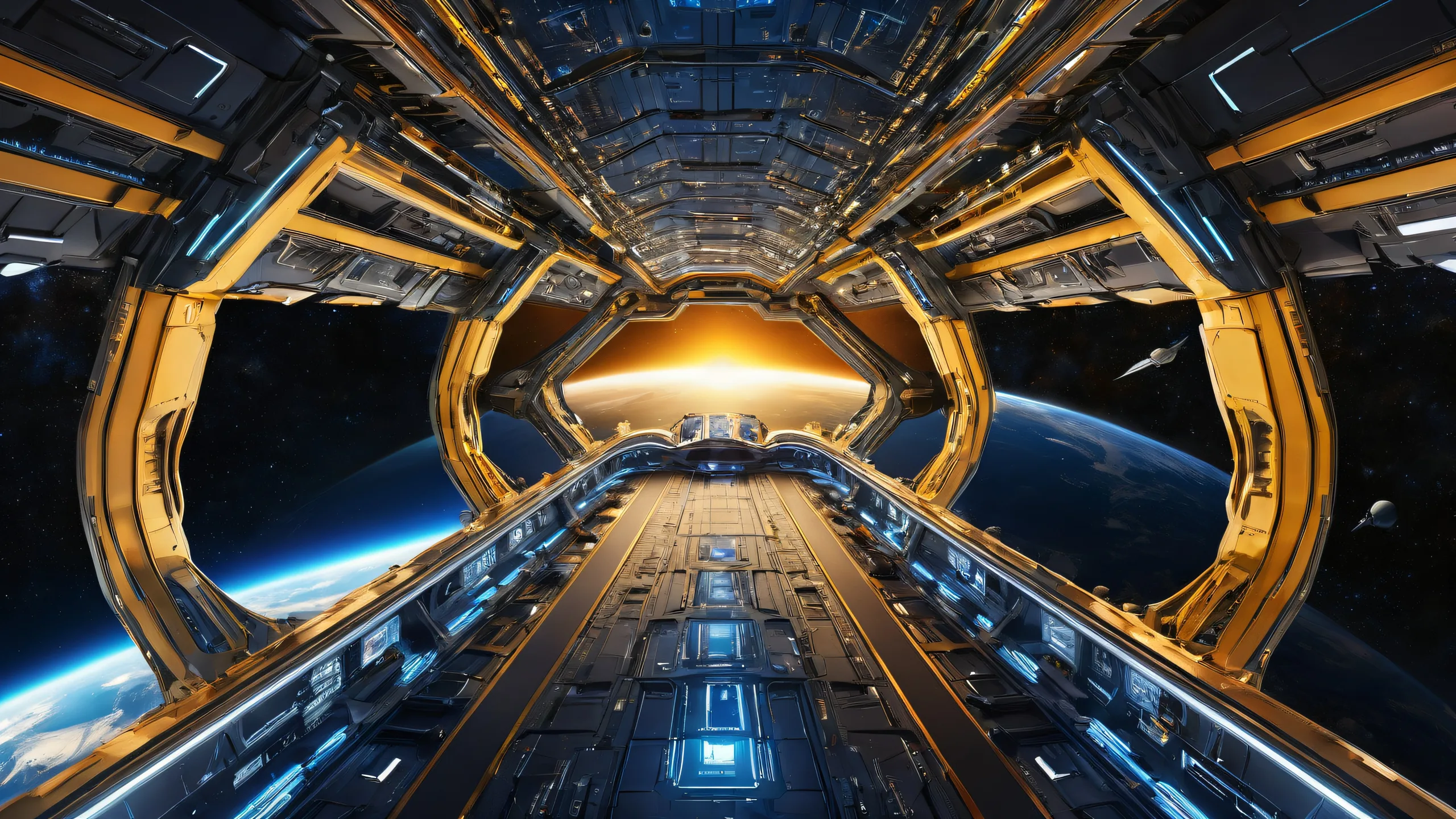 Ethereal spacecraft bridge on a deep blue void background for desktop/pc