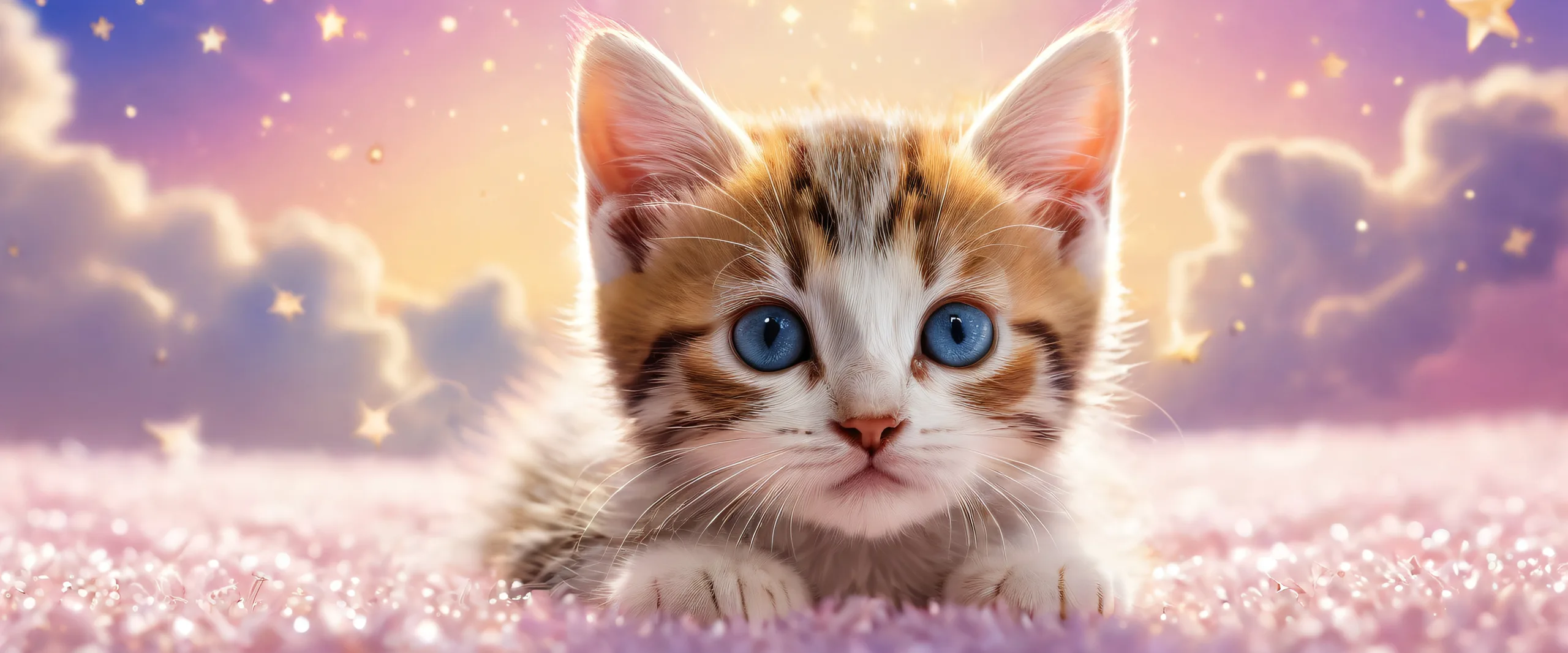 A stunning desktop wallpaper of a kitten set against a vast, pure void with subtle hints of sparkling stars on a desktop/PC.