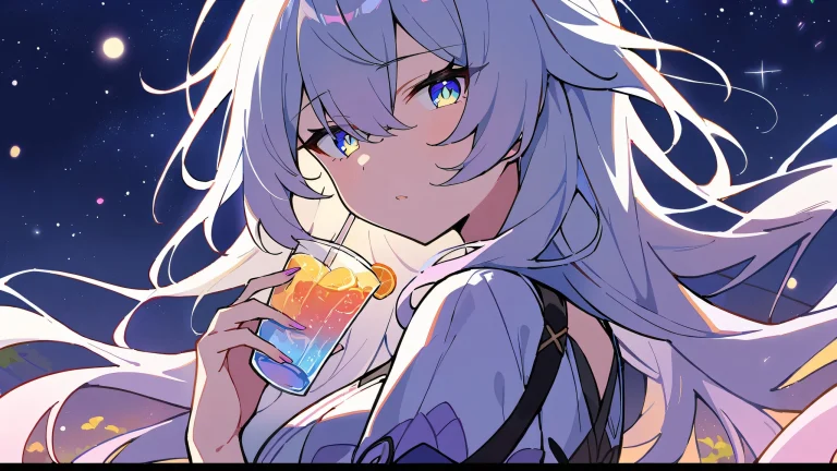 Anime girl enjoys food and drinks under starry night sky on a desktop/pc background.
