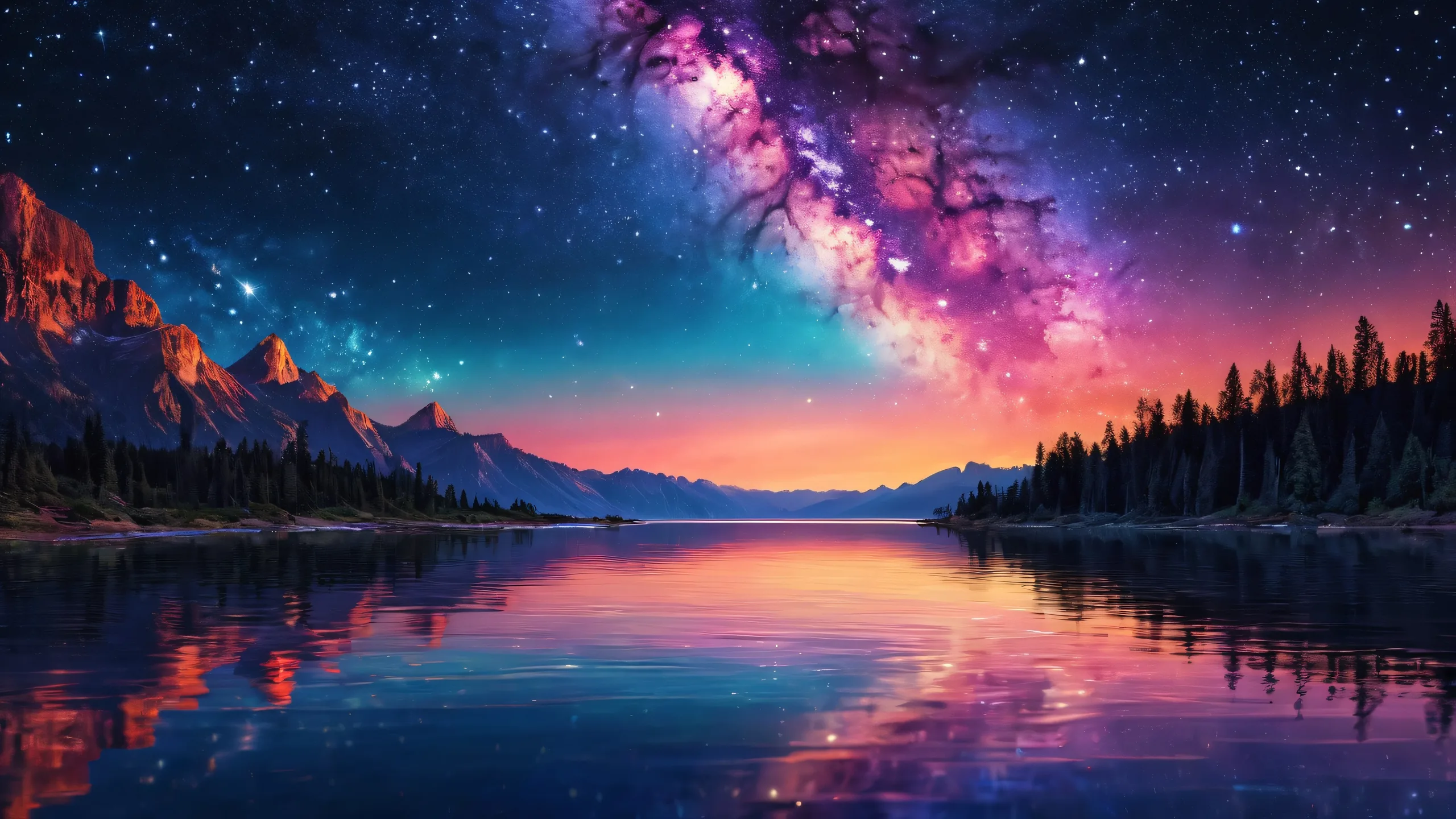 Desktop/PC background featuring a breathtakingly dark and starry night sky with radiant lighting and reflections.
