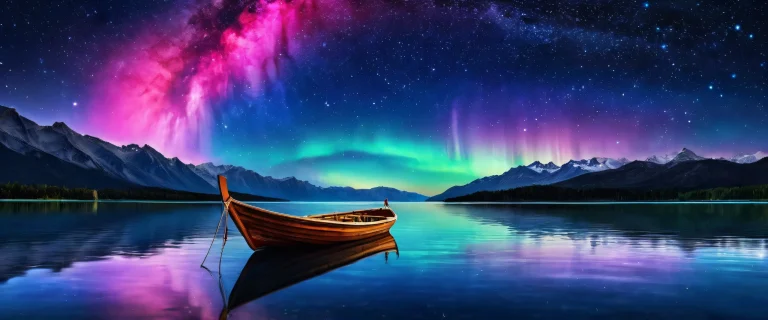 A breathtaking desktop wallpaper of stars and a boat set against a dark blue night sky with aurorae, perfect for your Desktop/PC.