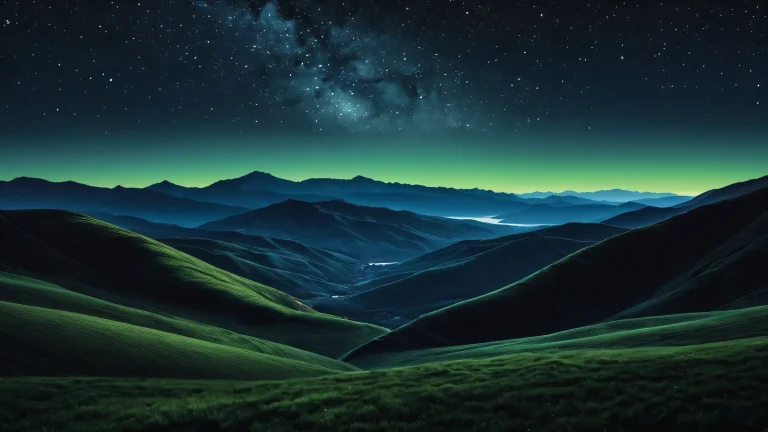 Breathtaking desktop image of a starry night sky and calm hills on a dark mode background for Desktop/PC use.