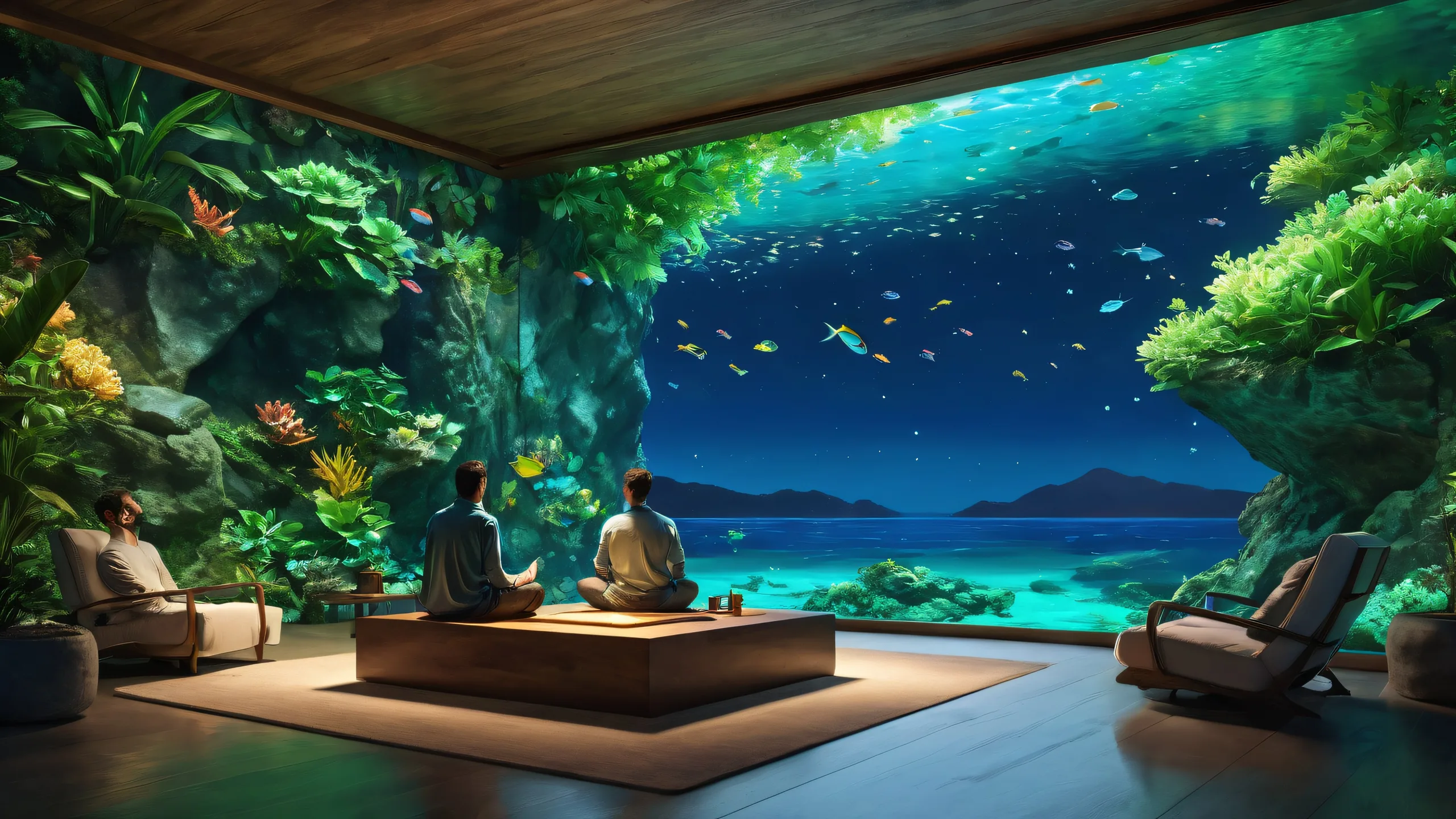 Ethereal desktop background of sitting men under a starry night sky with fish and ETHEREAL LIGHTING, suitable for Desktop/PC use.