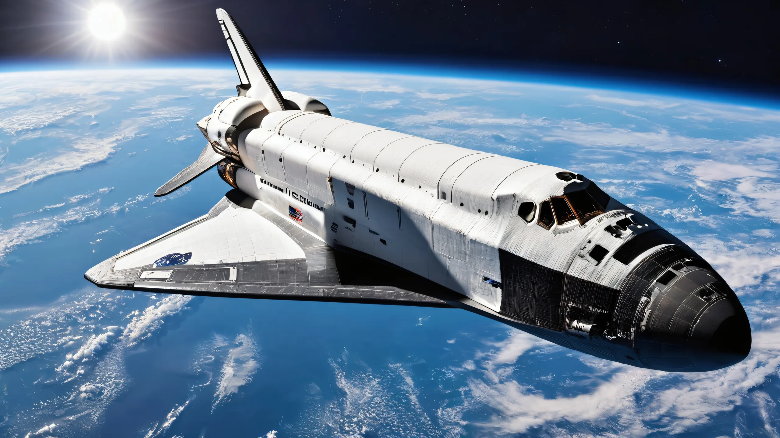 Epic Stellar Odyssey in Cosmos Desktop Wallpaper A breathtaking desktop wallpaper of the Artemis 2 Space Shuttle soaring through a vast pure void, perfectly clean and pristine, with deep space scenery visible in the distance. Ideal for desktop/PC use.
