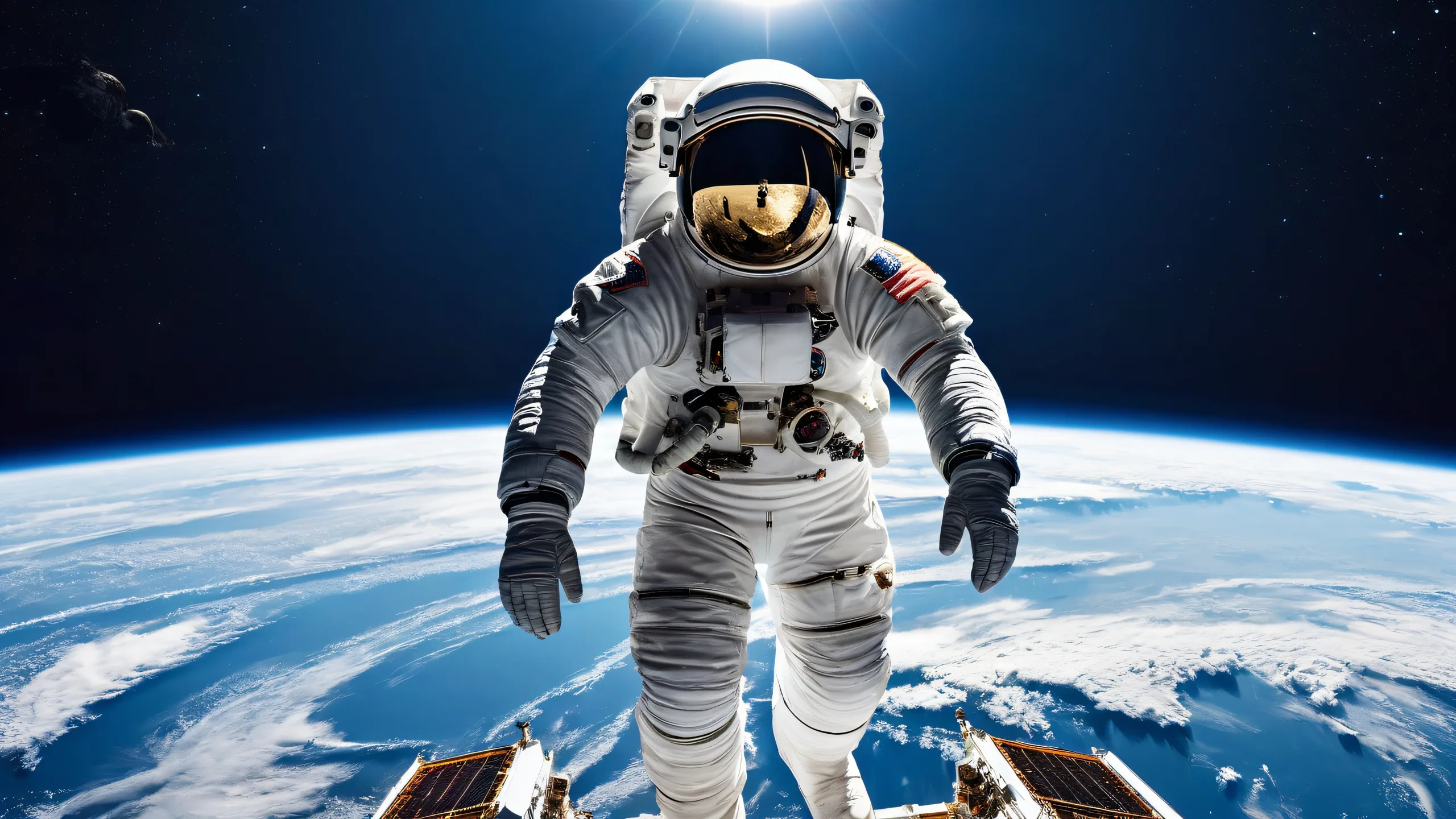 Astronaut and space shuttle floating in a vast, pure void with extreme depth of field, perfect for desktop/pc use.