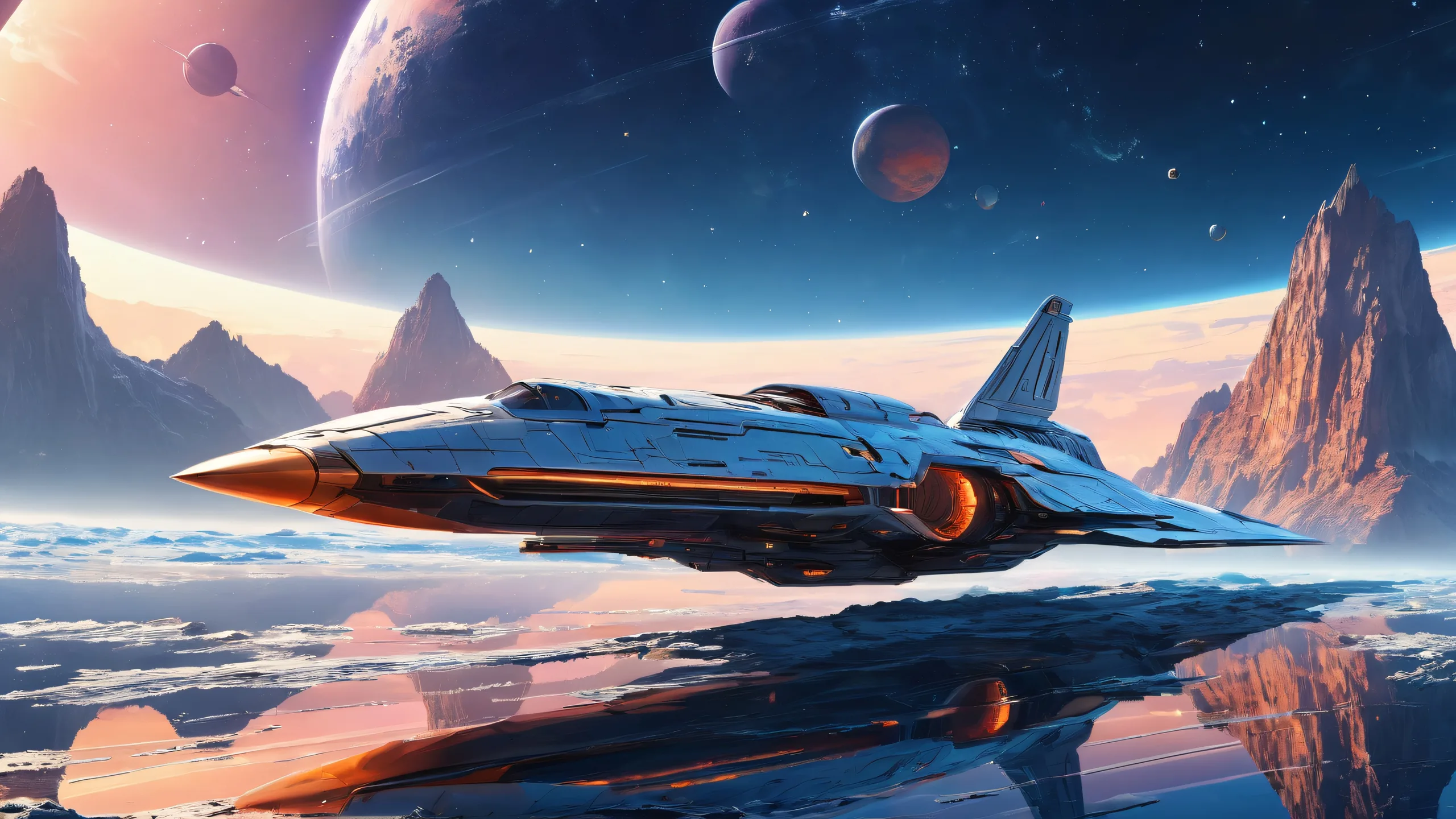 A spaceship glides effortlessly through a vast, pure void on a desktop or PC.