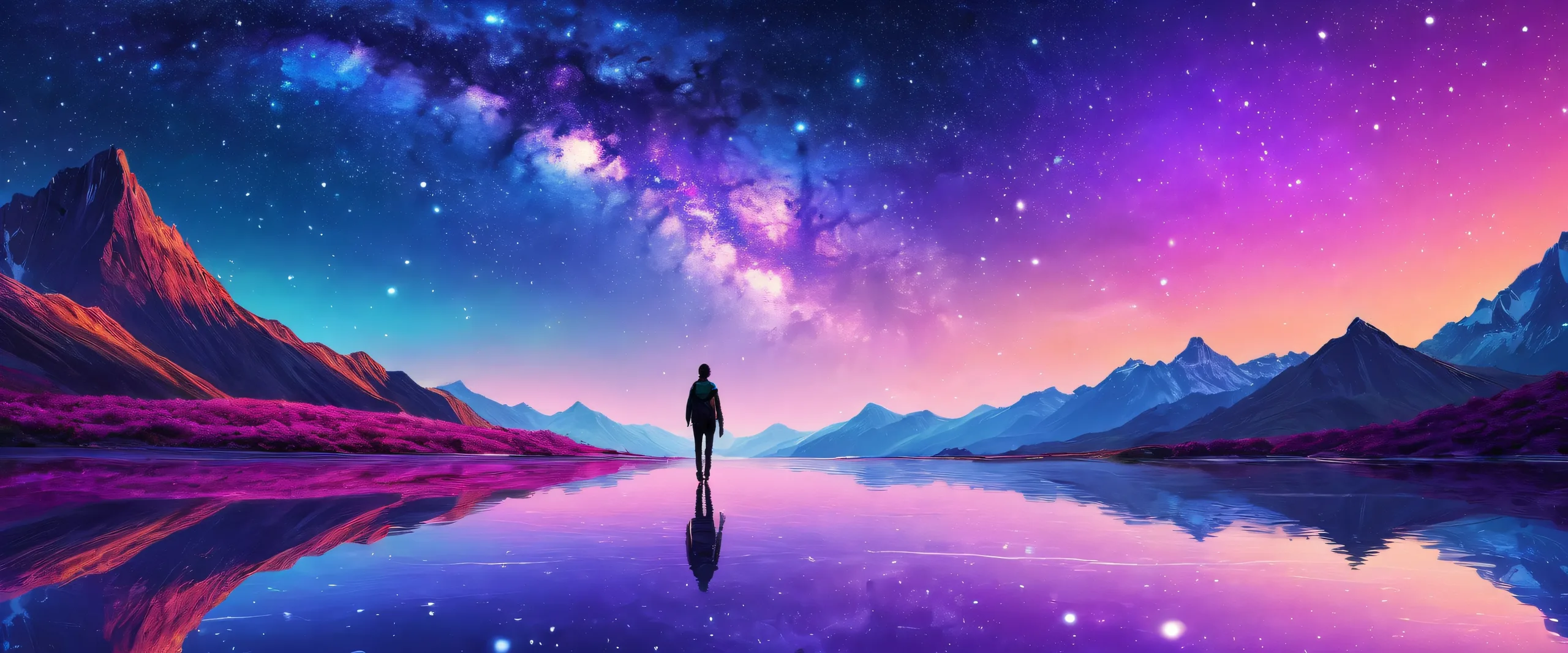 Walking figure against a vast, pure void with a starry sky bokeh at night on a desktop or PC.