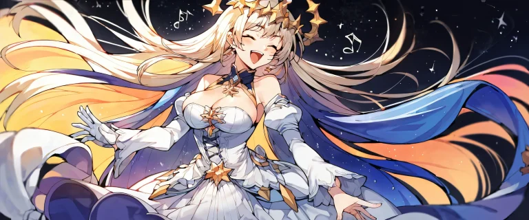 Beautiful anime illustration of a virtual YouTuber singing in a perfectly clean vast pure void with extreme depth of field and a black background to accentuate the stars on a Desktop/PC.