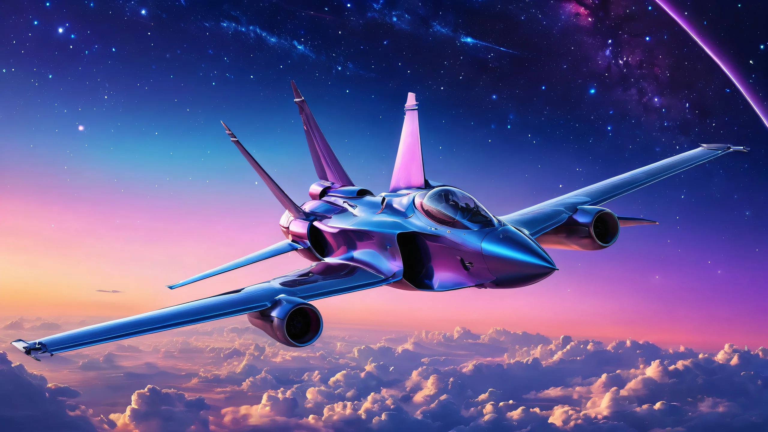 Desktop/PC wallpaper featuring a futuristic aircraft against a starry night sky with pristine clarity and ethereal lighting.