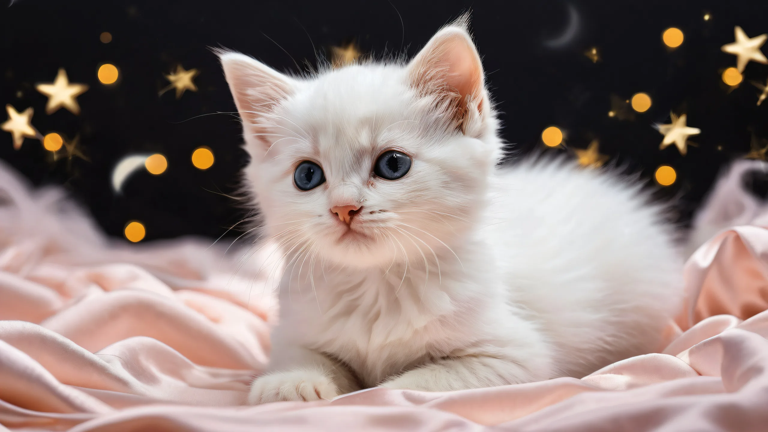 Stellar Whispers on Cosmic Canvas Aesthetic PC Wallpaper Breathtaking desktop wallpaper featuring a kitten amidst pure void with fluffy clouds and shooting stars for Desktop/PC.