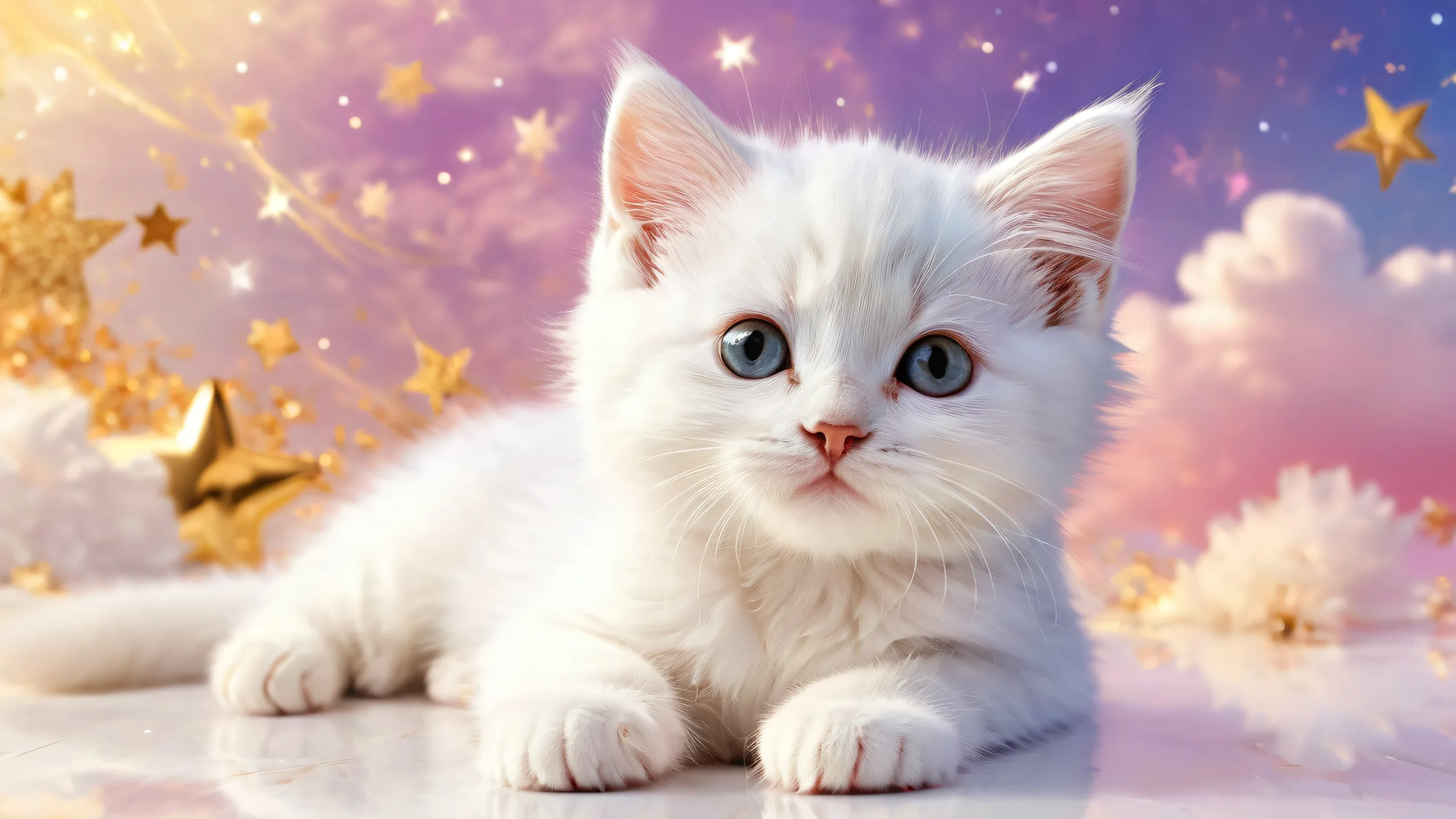 A peaceful desktop scene featuring a kitten surrounded by clouds and shooting stars on a pure void background, suitable for Desktop/PC use.
