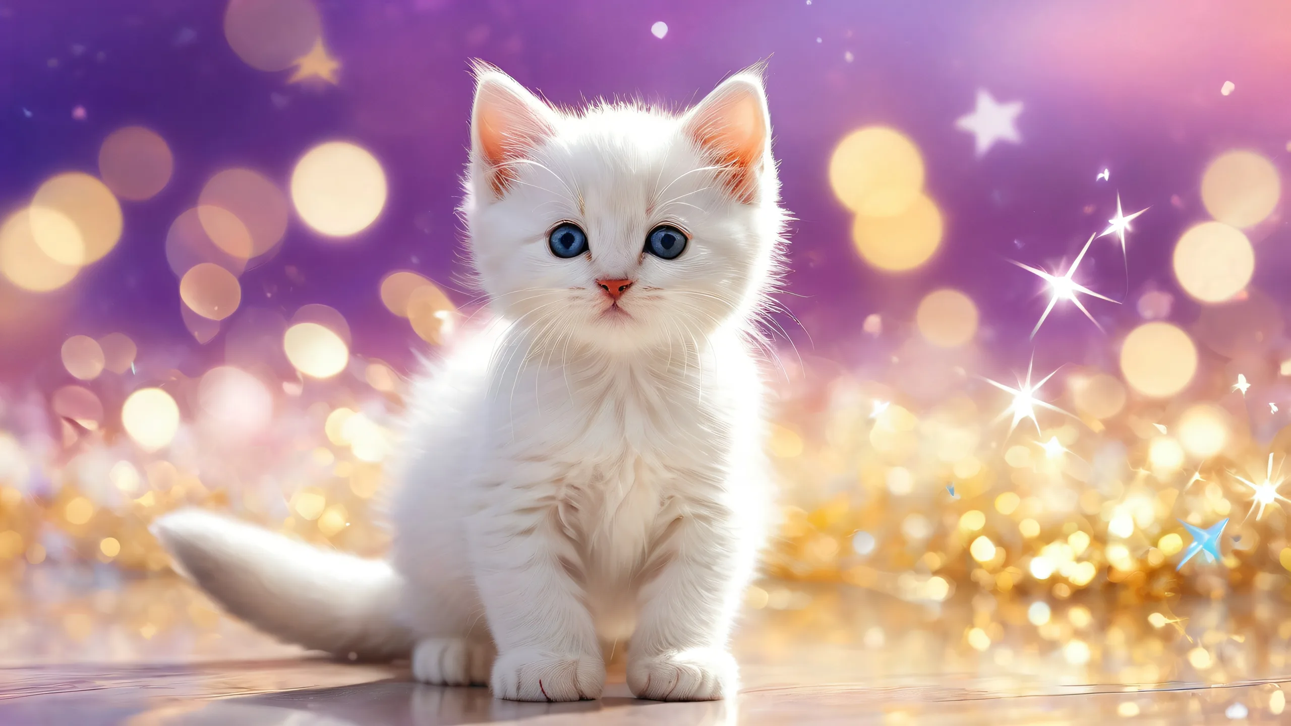 A dreamlike desktop wallpaper featuring a kitten in a vast, pure void with extreme depth of field and magic bokeh effects, suitable for Desktop/PC use.