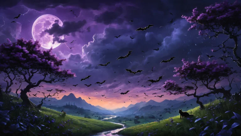 A dramatic desktop wallpaper featuring bats and black cats against a stormy sky with rain pouring down. Ideal for desktops and PCs.