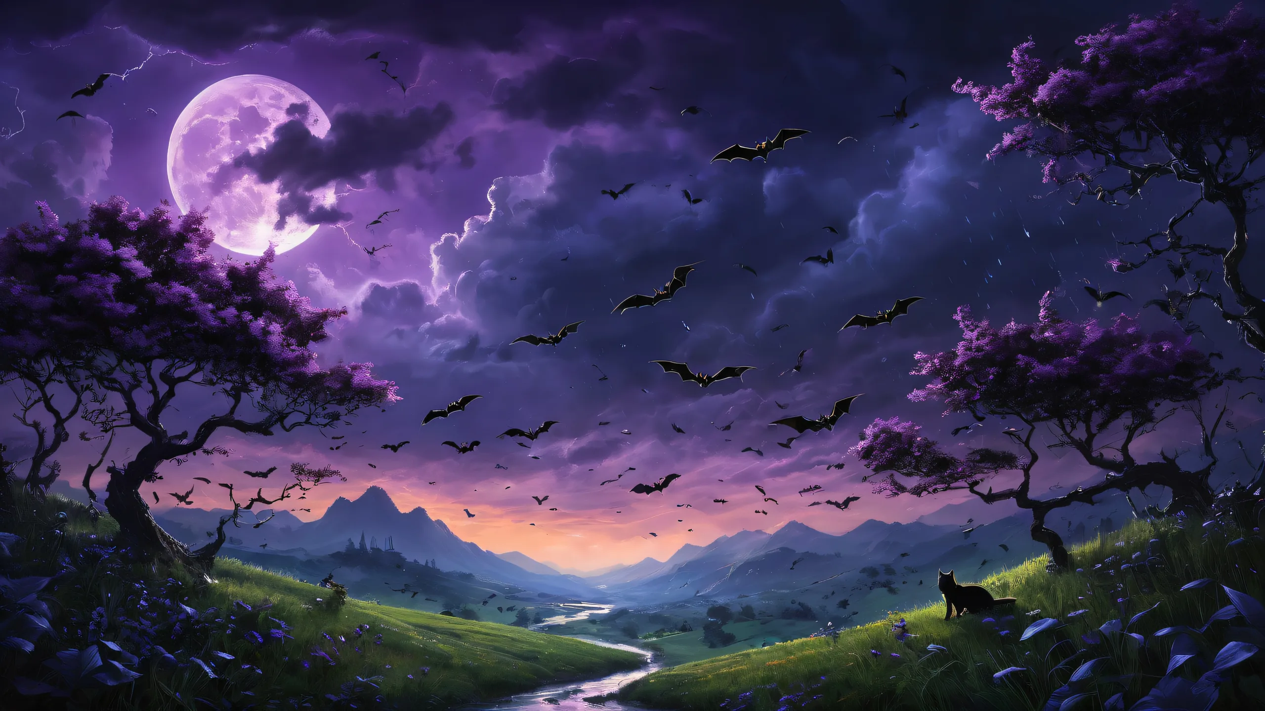 A dramatic desktop wallpaper featuring bats and black cats against a stormy sky with rain pouring down. Ideal for desktops and PCs.