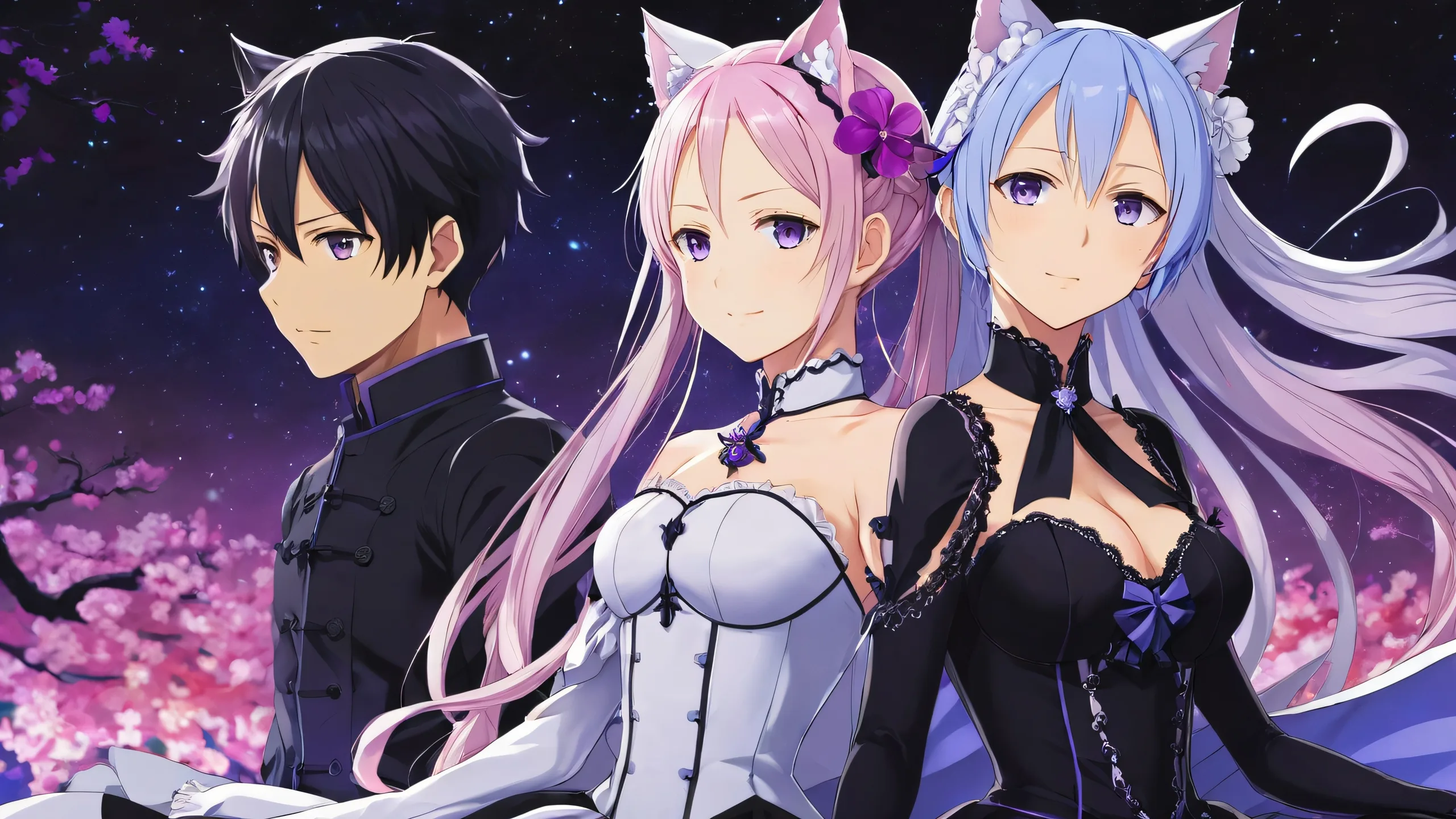 A breathtaking desktop wallpaper of Natsuki Subaru and Ram from Re:Zero set against a vast, pure void with anime-inspired textures for your Desktop/PC.