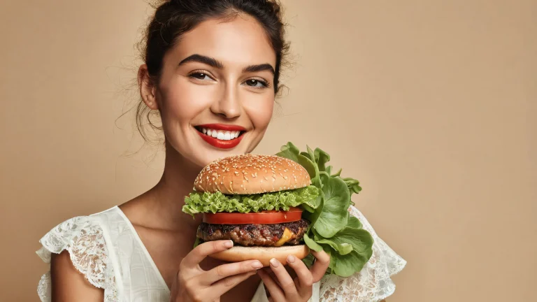 A succulent burger lady on a cream-colored studio background for desktop/pc use.